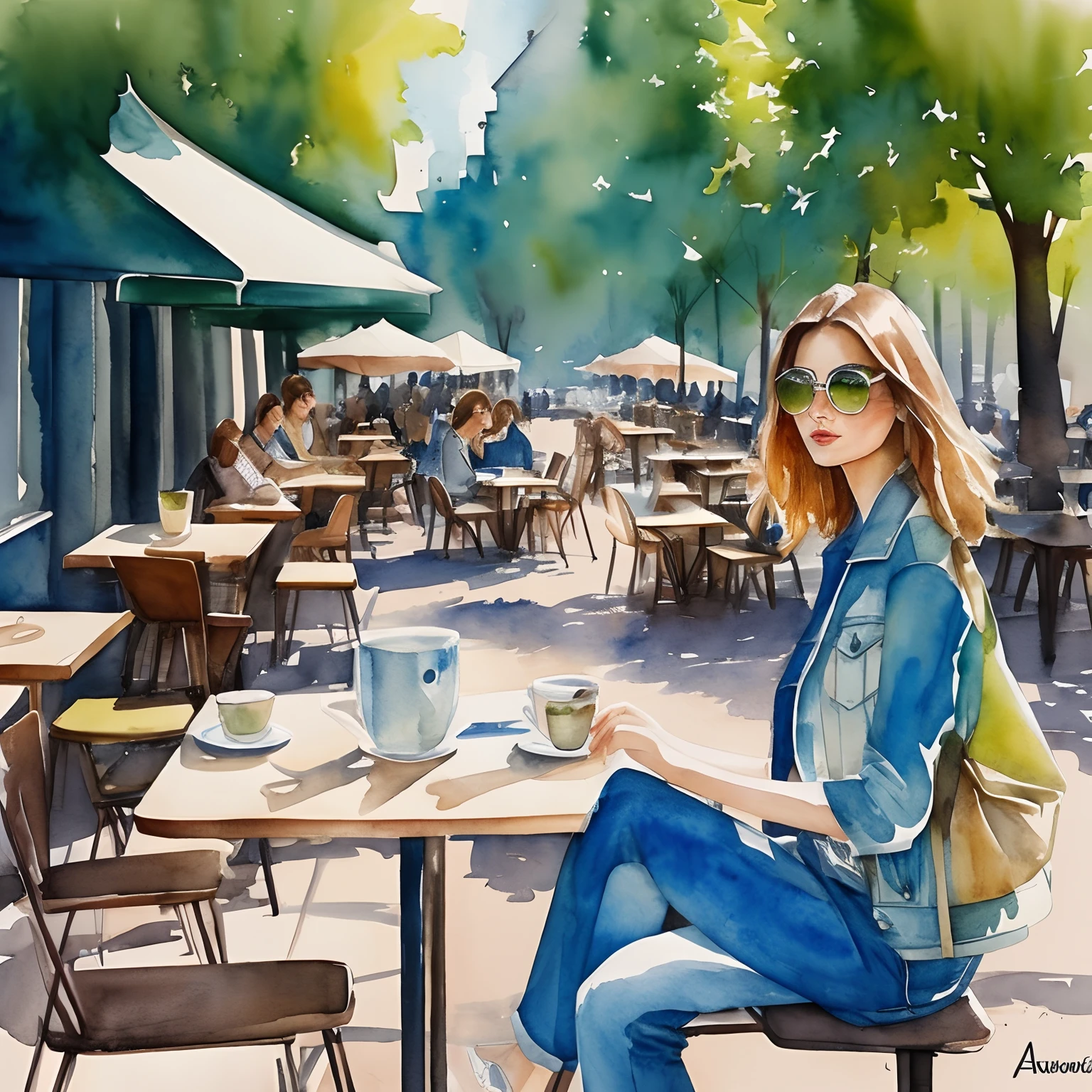 Kasiq jungwoo watercolor fashion illustration, abstract painting, light brown blonde thin bob hair woman, blue denim jacket, andreea diaconu, perfect anathomy, laptop, green tea, paris street cafe, summer, light shadow, artistic brushstrokes