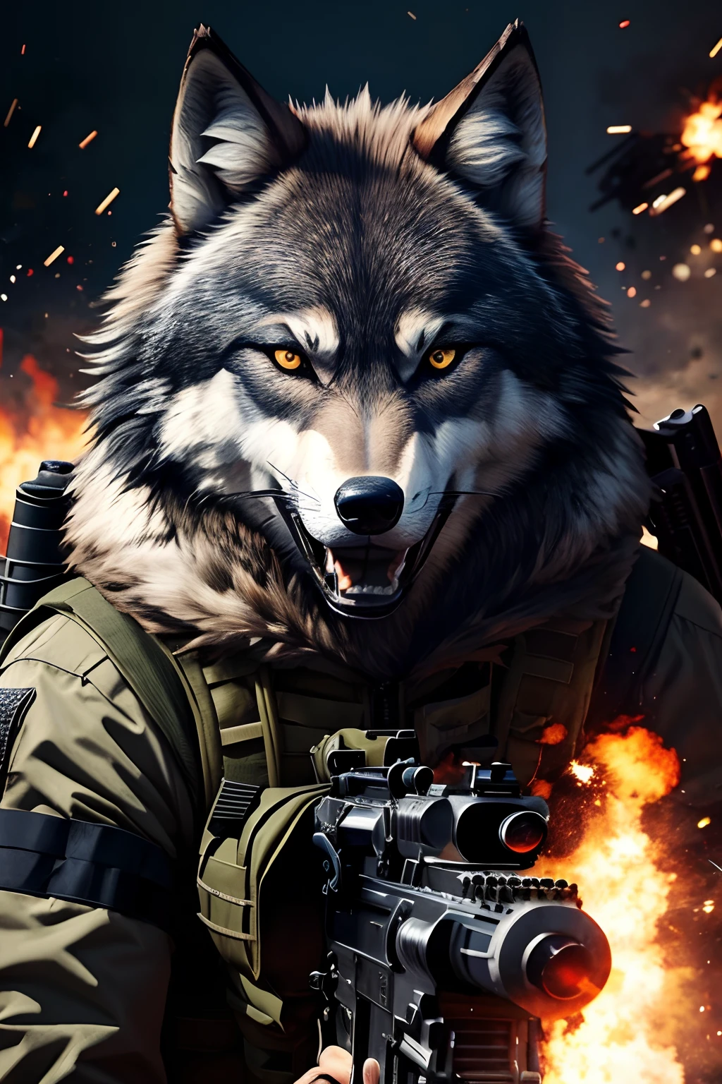 wolf mask terrorist, cross fire style, gun to the camera, shooting, lying on the battle field, explosion on the head, battle field, masterpiece, ultra high quality, ultra high detail
