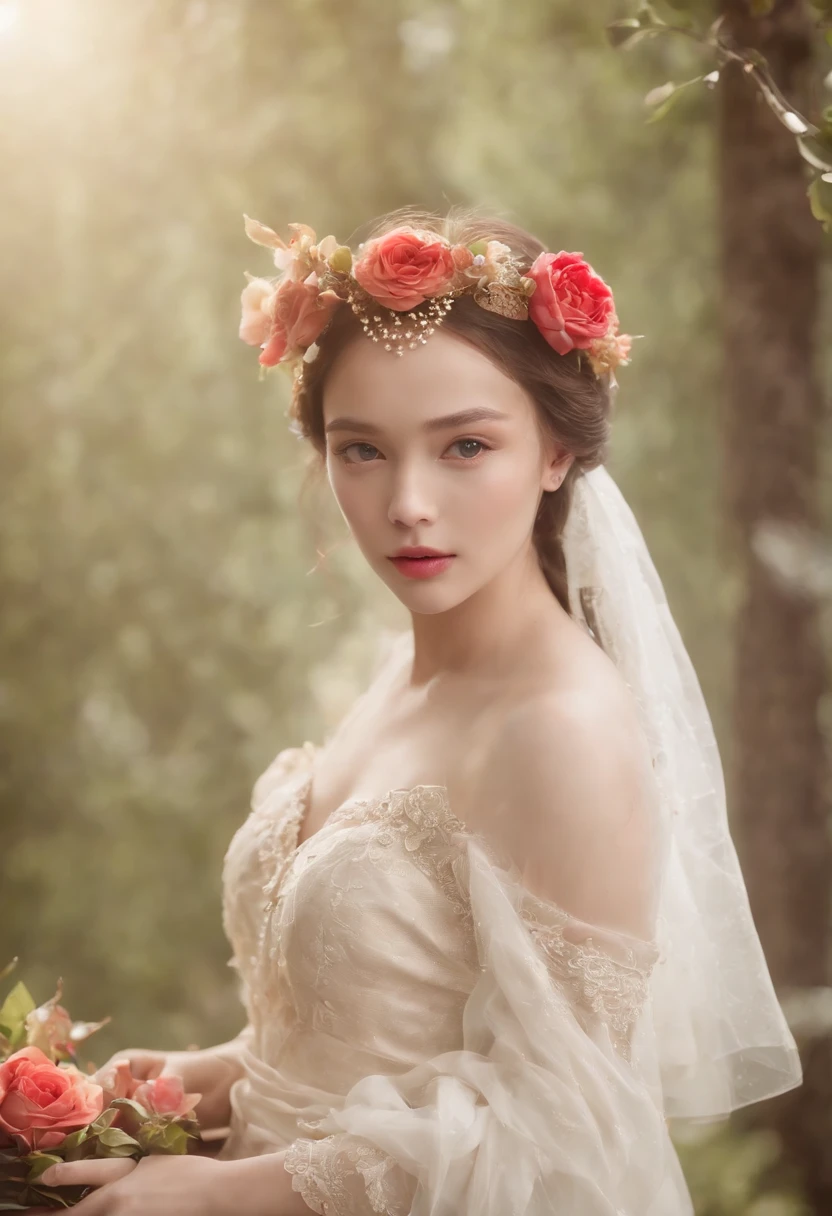 1girll,(full bodyesbian:1.4),Polycystic ovaries,The barefoot,独奏,hatflower,
Cinematic lighting,Strong contrast,romantic realist style,High level of detail,(Fairy tale scenes),Rose,yellowflower,Red flower,Bird,unit,make up,Gemstone,headdress,dress,Bare shoulders,  style-swirlmagic