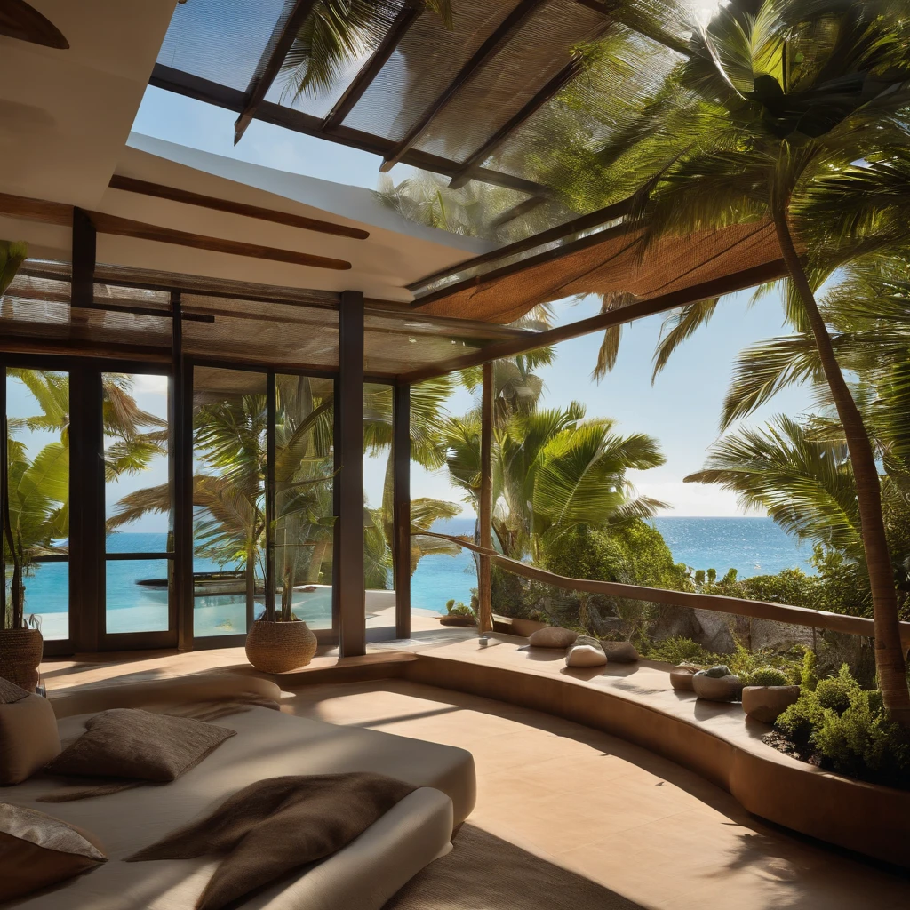 Boho House, luxury beach front Caribbean luxury villa, Open Air Glass Loft Villa with Roof Garden (Glass Open Space Loft Villa with Roof Garden), present, dynamic (RAW photo, True, bestquality, masterpiece:1.2), (Hyper-Realistic, photo-realistic:1.2), High Quality, (dark light:1.2), perfect lighting, Ark Daily, Sub-Architecture Award Wins Sustainable Architecture, motion picture
