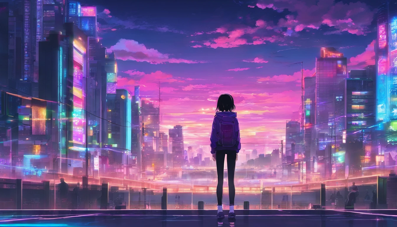 Close-up of the city with neon sunset in the background, Synthwave City, vaporwave city, Synthwave aesthetics, Neon City in the background, Background of Neo Tokyo, Neon metropolis in the background, Futuristic urban background, cyberpunk aesthetics, The city's backstory is cyberpunk, Purple Cyberpunk City, cyberpunk city background, cyberpunk aesthetics, cyberpunk atmosphere, Cyberpunk cityscape,anime clouds, Anime background, anime sky, in style of makoto shinkai, Beautiful puffy clouds. the anime, style of makoto shinkai, makoto sinkai!, beautiful anime scenery, based on Makoto Shinkai, Anime Landscape Wallpaper, makoto sinkai!!, Makoto Shinkai art style,japanaese girl,pale skin,beatiful face(purple hair)red jacket,Tokyo at night, with Cyberpunk style,Japanese streetwear,Tokyo Fashion,In a Cyberpunk 2 jacket 0 7 7,Full-length,attractive pose,Bottom view