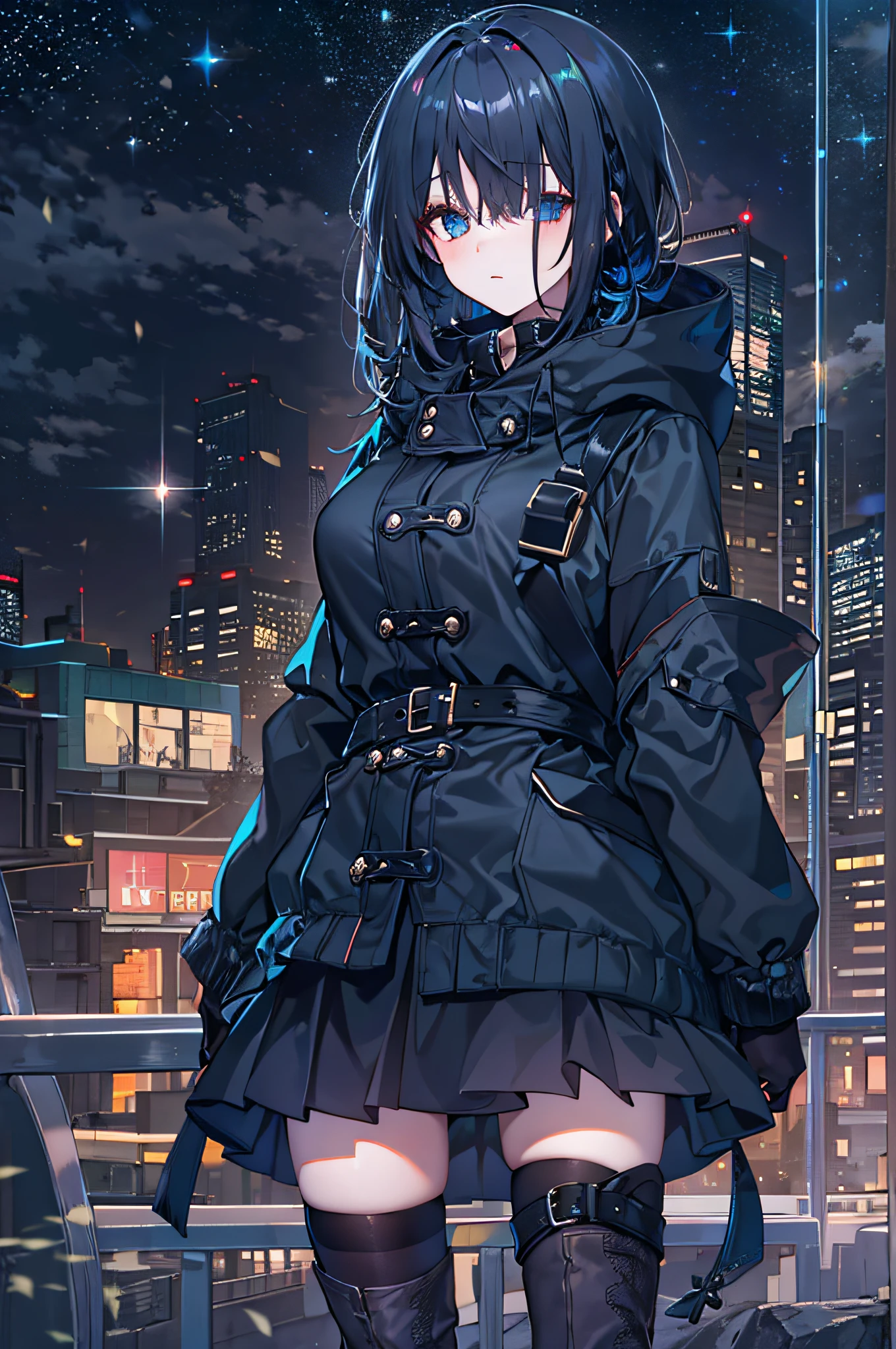 black pantyhoses,Starry eyes,Black parka,black sash,starrysky,the night,Dark blue hair,side pony tail,long whitr hair,black knee boots,Hair covers one eye,bit girl,waiting to start