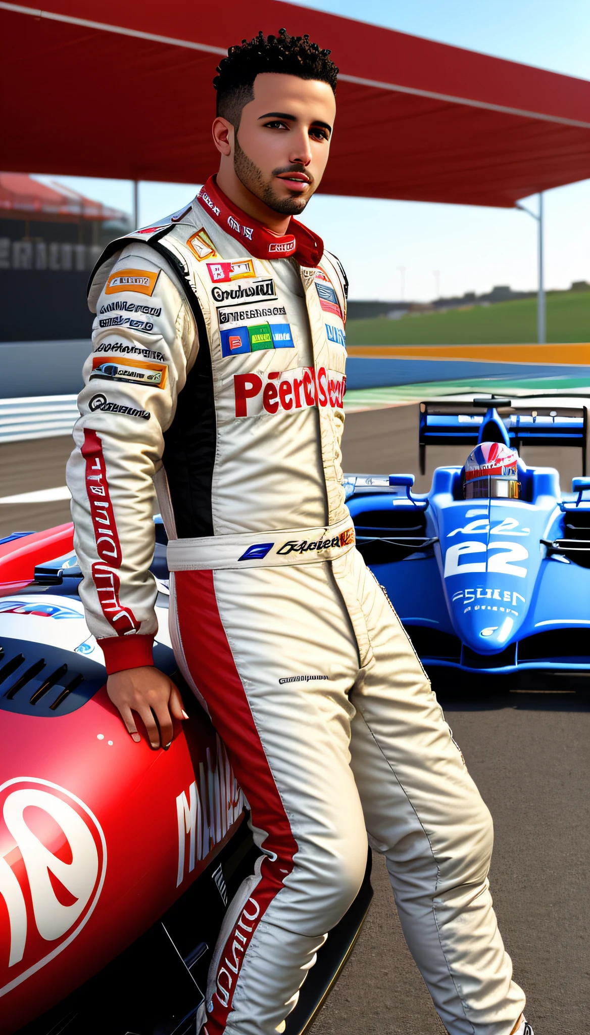 (best quality:1.33), (masterpiece:1.42),(photorealistic:1.3) (detailed:1.15),
Moroccan on racetrack, F1, Looking over the shoulder pose, race suit, (leaning against race car:1.2) for photoshoot,