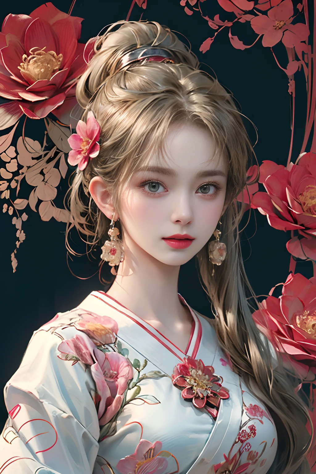 (masterpiece, top quality, best quality, official art, beautiful and aesthetic:1.2), (1girl:1.3), extremely detailed,(fractal art:1.1),(colorful:1.1)(flowers:1.3),highest detailed,(zentangle:1.2), (dynamic pose), (abstract background:1.3), (chinese Traditional cloth:1.2), (shiny skin), (many colors:1.4), ,(earrings:1.4),