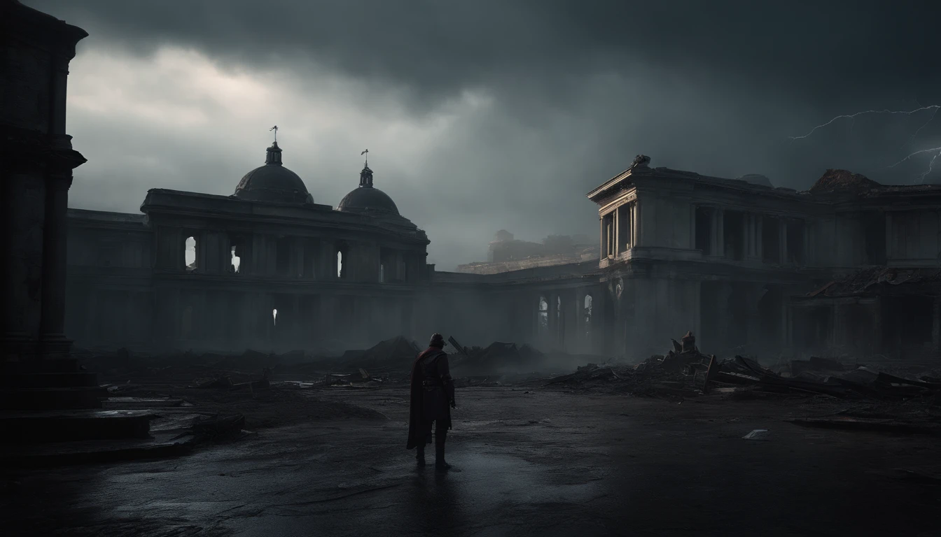 On the devastated city streets，The remains of collapsed ruins are scattered across the land，blood-stained，Like the brutal legacy of the battlefield。It rained heavily in the cloudy sky，Lightning，This exacerbates the horror atmosphere of this apocalyptic apocalypse。