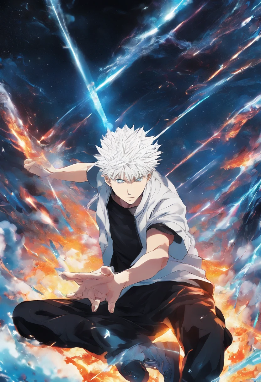 gojo satoru, jujutsu kaisen, anime, 1 young man, in the top of tower, amazing, focused, ray of light, blue eyes, white hair, black shirt, in the battlefield, powerfull magic aura, depth of field.
