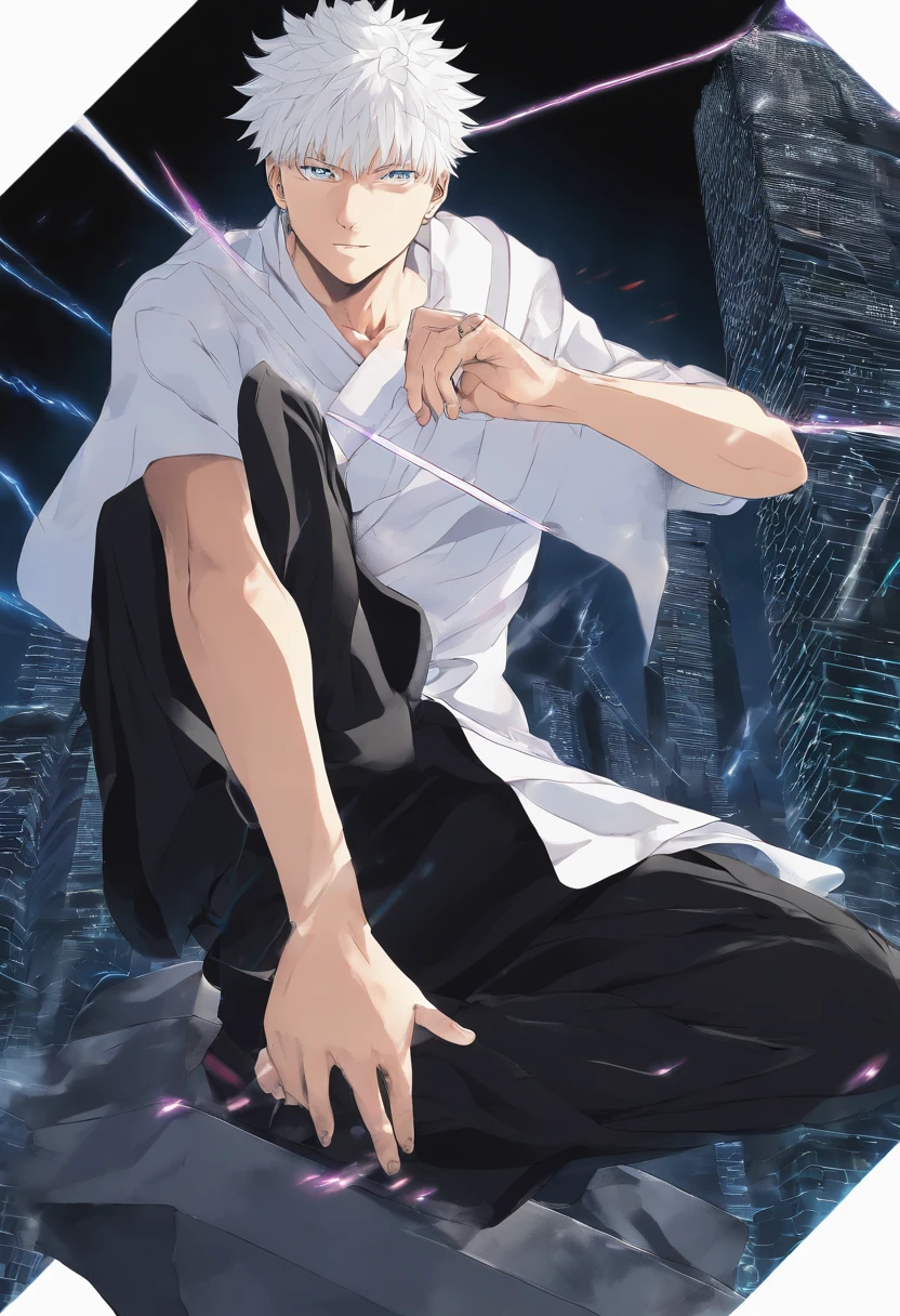 gojo satoru, jujutsu kaisen, anime, 1 young man, in the top of tower, amazing, focused, ray of light, blue eyes, white hair, black shirt, in the battlefield, powerfull magic aura, depth of field.