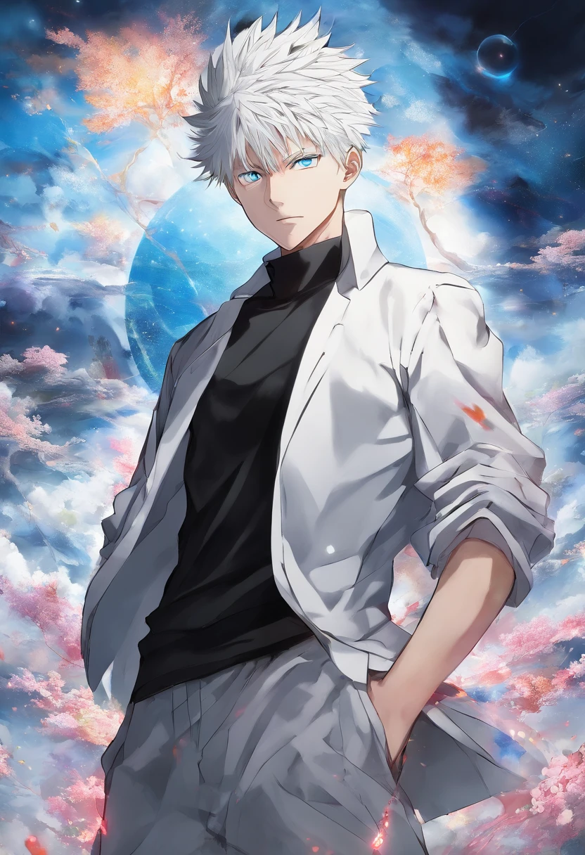 gojo satoru, jujutsu kaisen, anime, ung man, in the top of tower, amazing, focused, ray of light, blue eyes, white hair, black shirt, in the battlefield, powerfull magic aura, depth of field.