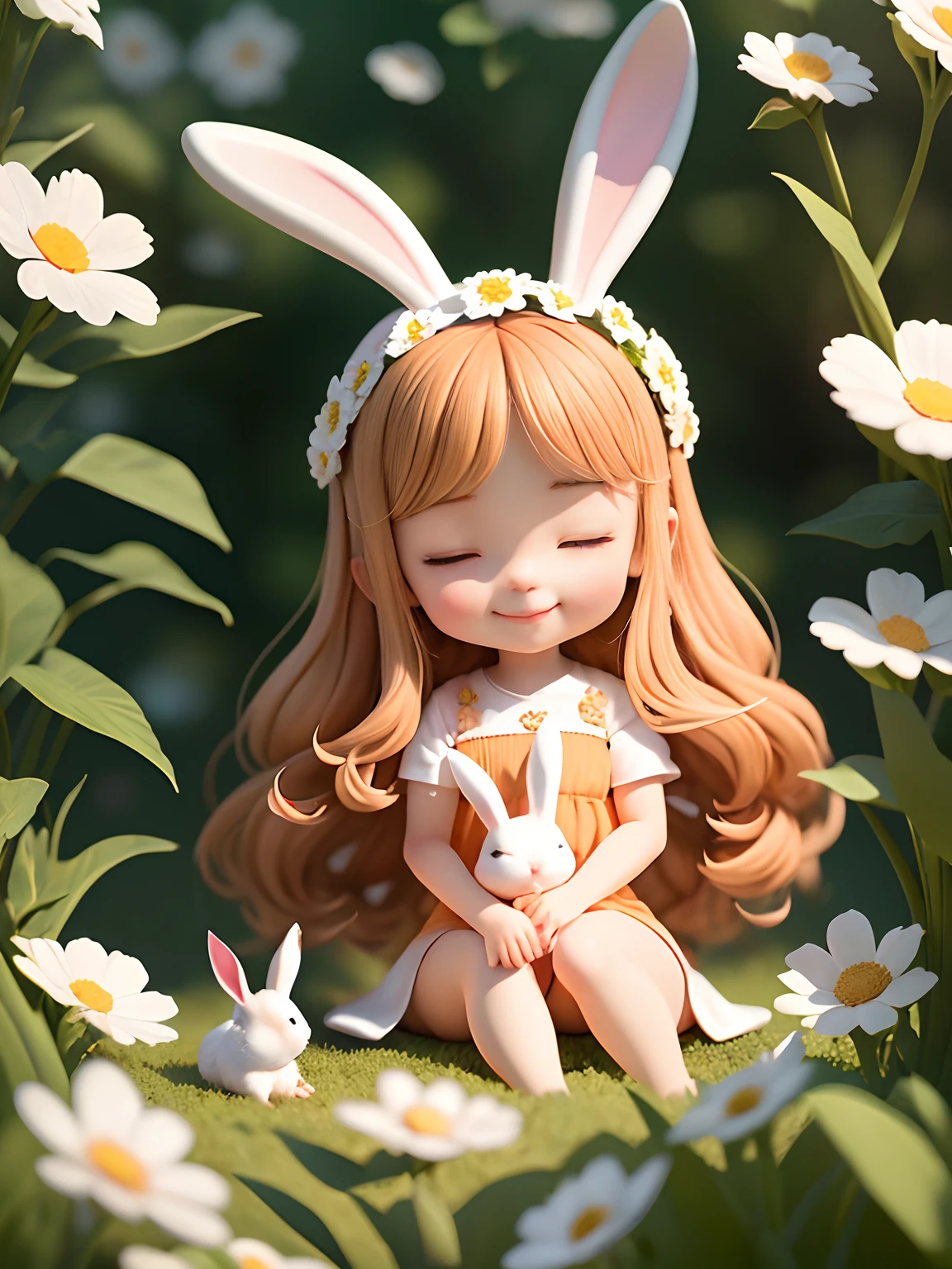 Describe a scene in which a girl with chestnut hair sits gracefully in a flower garden, Have a little white rabbit. She has a gentle smile on her face as she gazes at the surrounding flowers, Enjoy peaceful moments with the little rabbit. The background is full of bright flowers, A gentle breeze adds to the pleasant atmosphere.