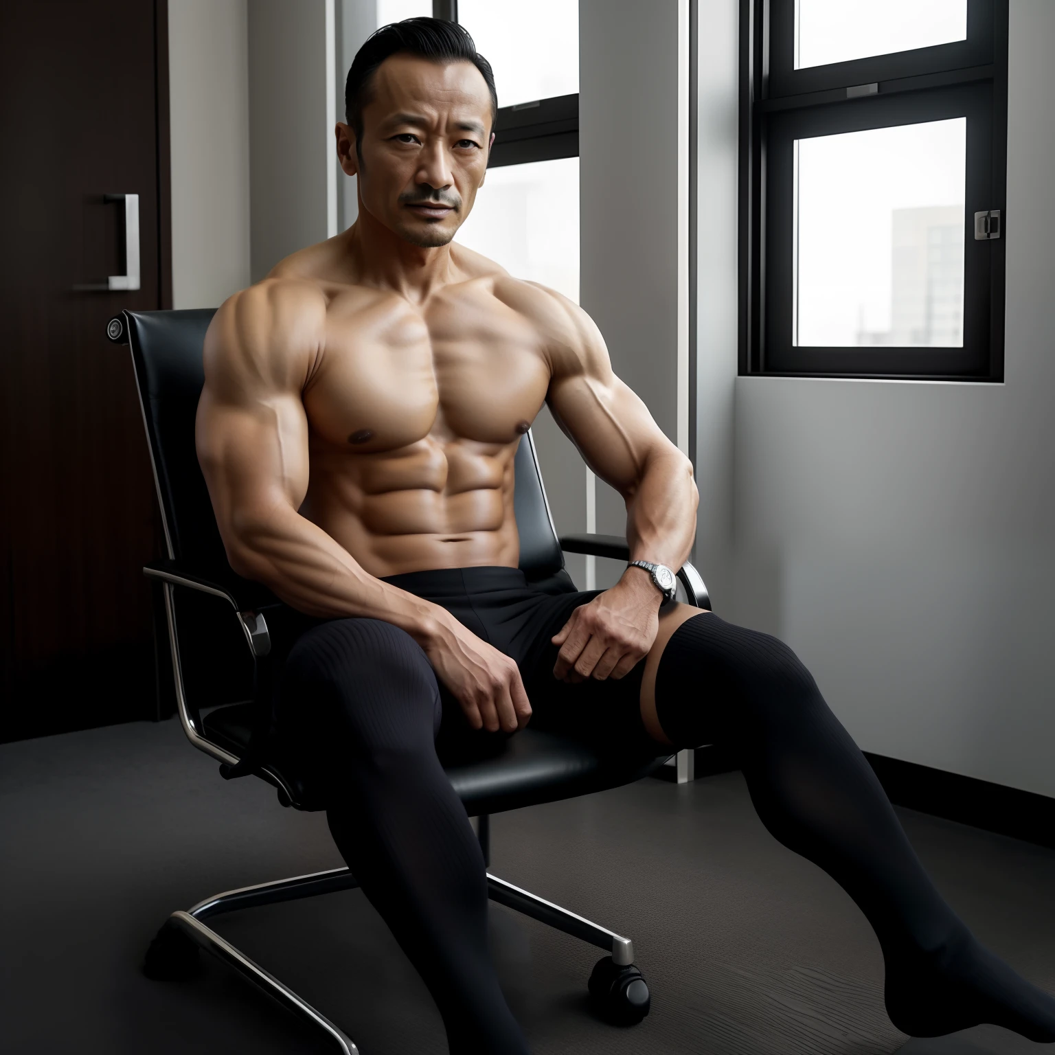 age 55,Hidetoshi Nakata,(Kogoro Mouri 1.3),bareness,Tong,fortitude,sit on chair,Business suit,black long socks,Muscle men,lbeard,fortitude,k hd,