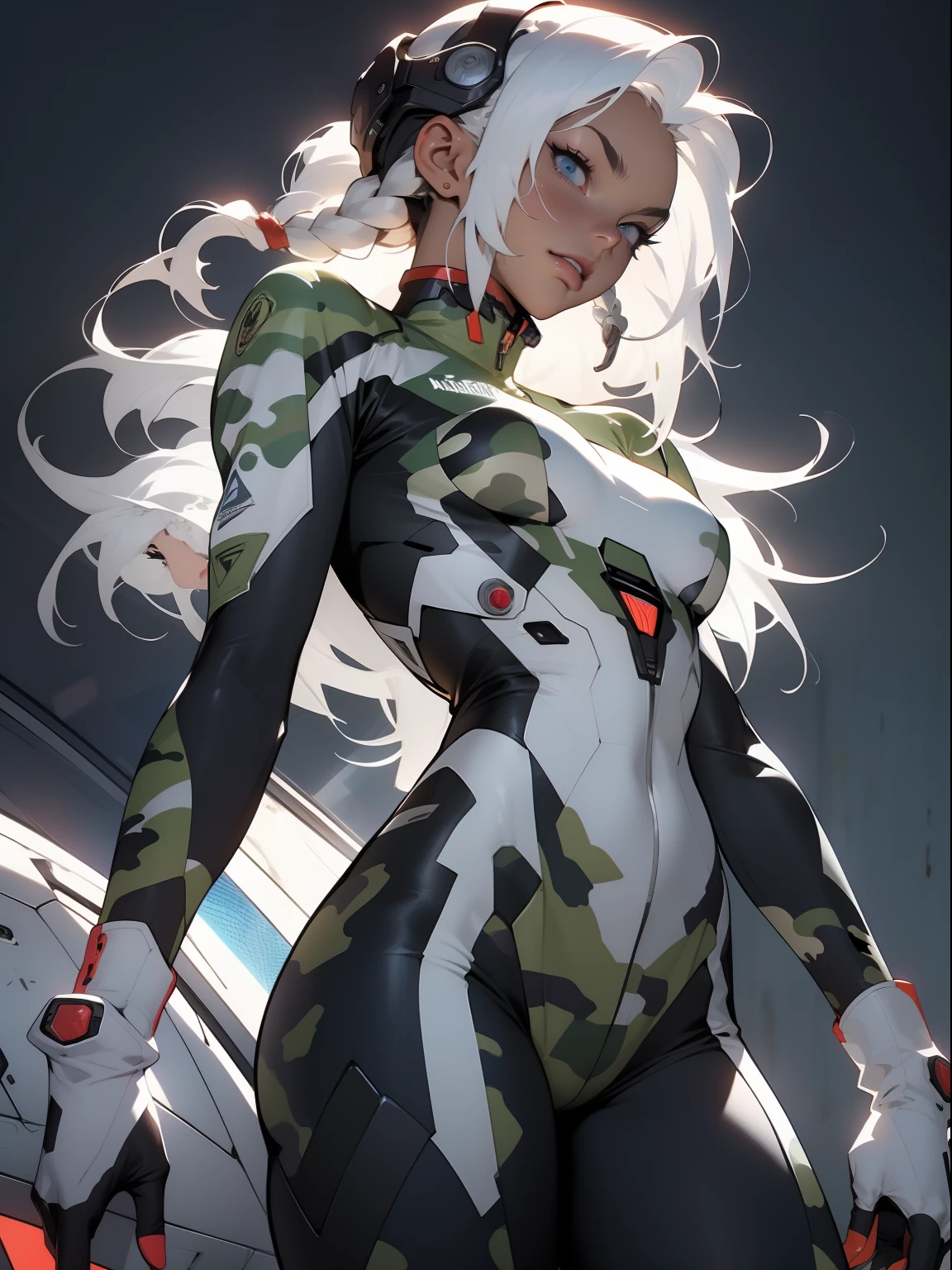 ((Best quality)), ((masterpiece)), (detailed: 1.4), (Absurd), War-ready female fighter pilot with military helmet, Marine, dark skin, defined muscular sculptural body, full body, bare half-thick thighs, closed mouth, muscular body covered in technological clothing, cyberpunk, semi naked, generous neckline, ((perfect medium breasts)), (super light blue eyes without pupils), (((military camouflage clothing)), (((white hair with braid)))), long eyelashes heavy makeup, garter belt, by mucha, niji --V5, close to real, psychopathic, crazy face, sexy pose, background with a giant head of Neon style robot Genesis evangelion, 2 piece clothing, shoulder pads with airplane wings, pastel, centered, scale to fit the dimensions, HDR (High Dynamic Range),Ray Tracing, NVIDIA RTX,Super-Resolution,Unreal 5,Subsurface Dispersion, PBR Texture, Post-processing, Anisotropic filtering, Depth of field, Maximum clarity and sharpness, Multilayer textures, Albedo and specular maps, Surface shading, Accurate simulation of light-material interaction, Perfect proportions, Octane Render, Two-tone lighting, Wide aperture, Low ISO, White balance, Rule of thirds, 8K RAW, crysisnanosuit