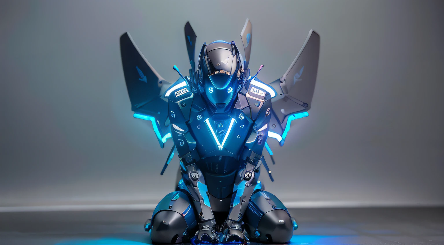 wings leds, masterpiece, best quality, a close up of a futuristic looking cyborg man with a fantastic cyberhelmet head with blue triangle led lights and a halo, wearing a blue techwear jacket, robot waist, robotic six pack, robotic belly, full body, sitting position. Dark background. Night, black background. neon blue butterfly wings leds. robot waist, robotic six-pack abs. wings leds, robotic belly. full body. sitting position. wings leds.
