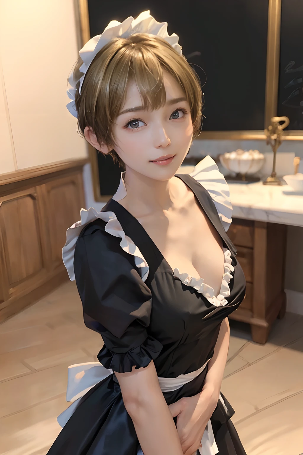 ((top-quality、8K、masterpiece:1.3)),Clear, Fine-grained skin、Beautiful clear eyes、cleavage of the breast、(Backshots:1.5)、Carefree and natural smile、(Medium bob,blondehair:1.5,)、(Hair disheveled in the wind:1.3)、(Cute maid with frills:1.5)、Beautiful girl with a smile、Citizen Pool、(thin-waist:1.3)、(Dynamic and provocative poses:1.2)、((NSFW))