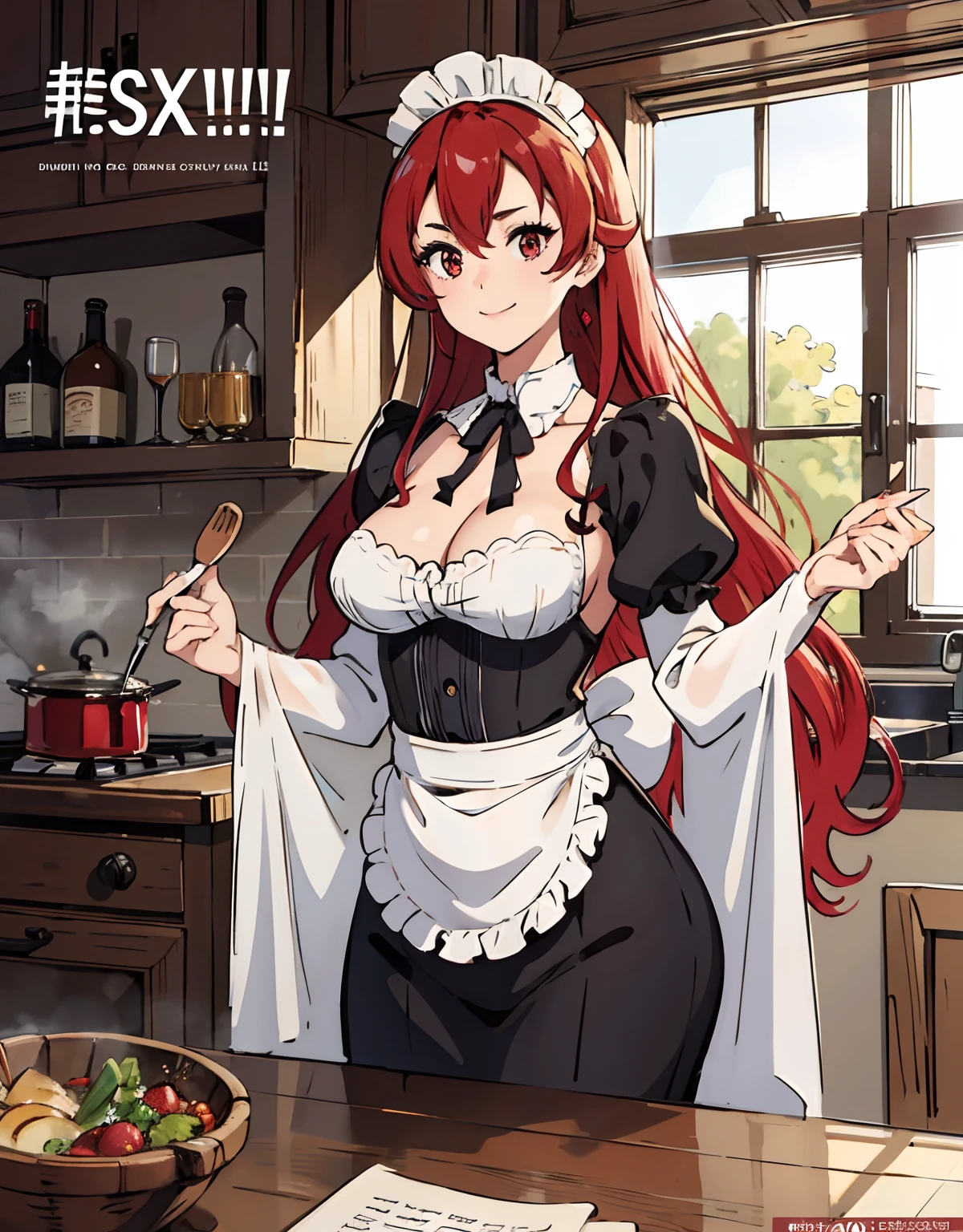 (Best Quality, Masterpiece),sexy mommy, Front cover of a women's cooking magazine, , naked, erotic, 18+, nsfw, 1girl, 30 years old, stunning, cute, smile, hourglass figure, Maid costume, beautiful food, text, diagrams, advertisements, magazine title, long red hair,red detailed sparkling eyes,One strand of hair hangs down over his forehead