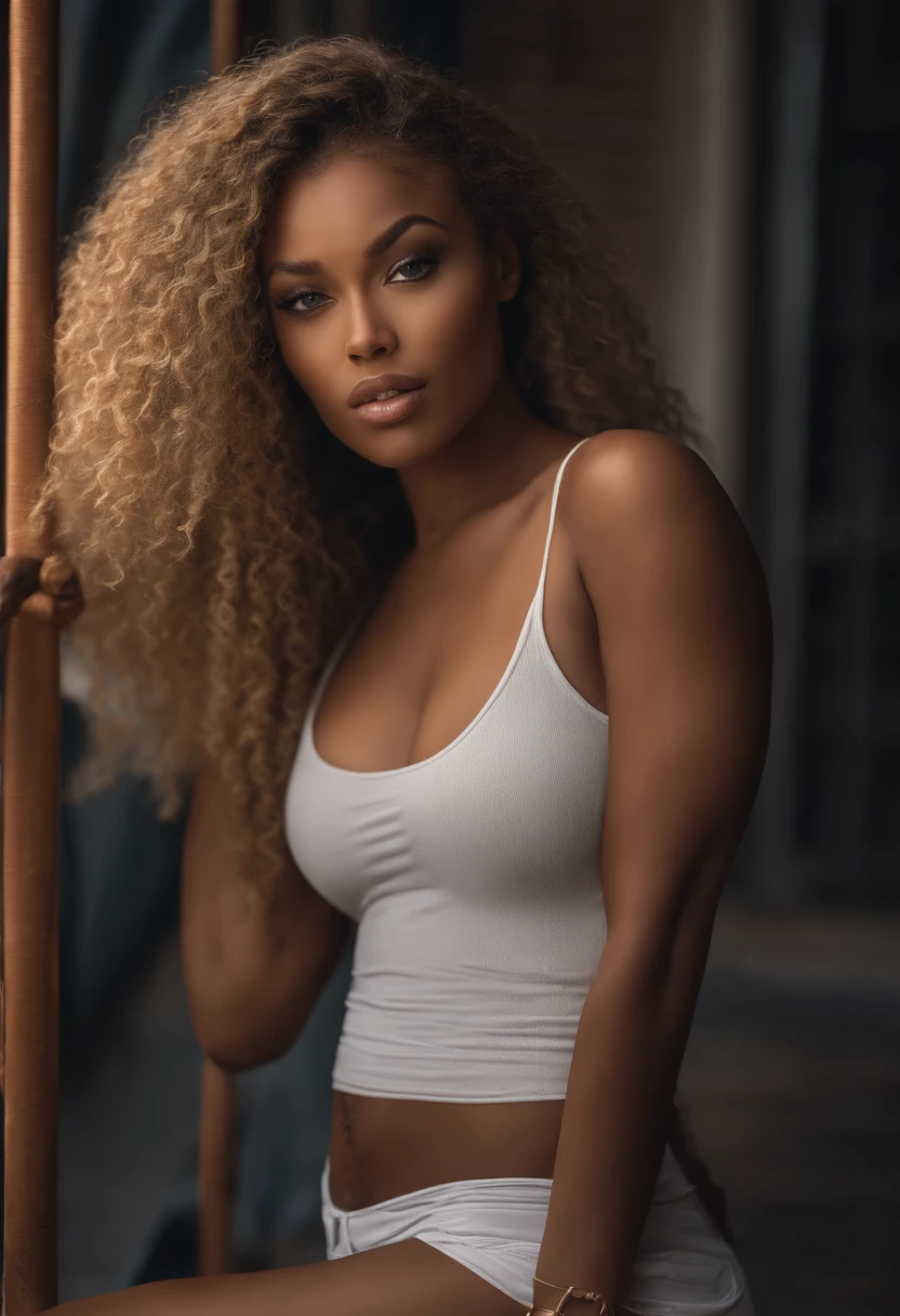 (Mikayla Demaiter) professional, (4k photo:1.1), (Sharp focus:1.3), high detail, wearing (tight shirt:1.2), beautiful detailed face, blue eyes, long blonde hair, (attractive young woman:1.3), (seductive:1.1), (blushing:1.1), hourglass body shape, small round breasts, wide hips, hyper-realistic, 27 years old dark skinned African girl, light chocolate tan, 5.6 feet tall girl, a bit athletic, 200 pounds, medium size arms, medium size shoulders and neck, medium size waist and belly, arched spine, very large curves, very big and wide hips, very big thighs, medium size calves, full body visible, finely detailed skin, highly detailed eyes, highly detailed nose, highly detailed lips and mouth, extremely delicate and beautiful, amazing, sharp focus, (cinematic lighting), soft lighting, dynamic angle, ultra high-res, masterpiece, best quality, (photorealistic:1.4, realistic), highly detailed CG unified 8K wallpapers, looking at viewer, (HQ skin:1.4), 8k uhd, soft lighting, deep shadows, dslr, Kodak ektar 100, Fujifilm XT3, F4, 1/800s, ISO 100, RAW high quality, film grain, ultra resolution 8k--ar 85:107