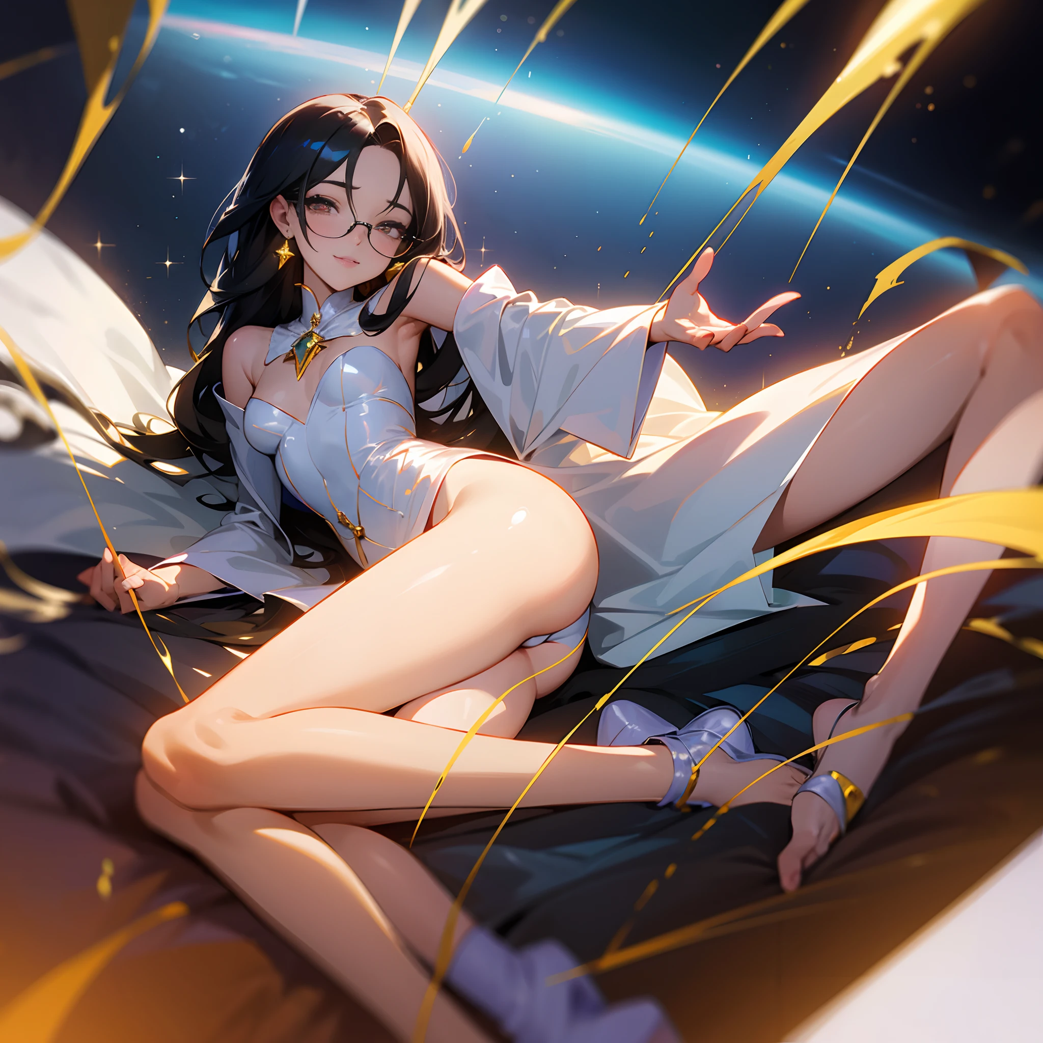 1girll,(Enchanted quality:1.4),(True textured skins of the highest quality), Delicate face,Black hair, Gradient Hair, petite body,(perfect bodies:1.1), There is a jewel on the forehead, rimless eyewear, PUPILS SPARKLING,long eyelasher,grin, hyperphotorealism, Cinematic lighting, projected inset, surrealism, hyper HD, masutepiece, 16 K,Lie down,Dream On,Please wear clear silk pajamas,Carmelto,legs slightly open,tattooed,Fantasy space,Luxurious space --auto