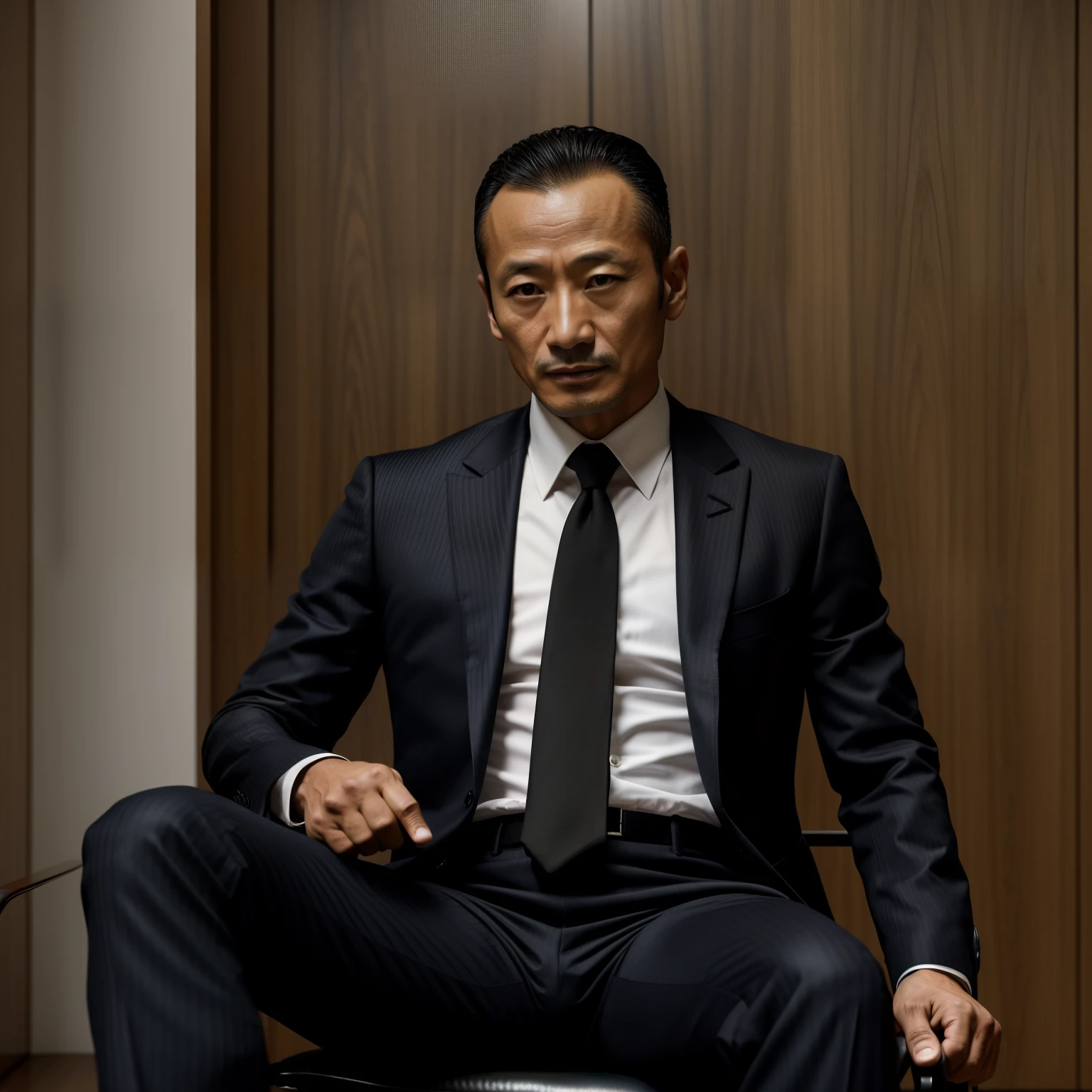 age 55，Hidetoshi Nakata，（Kogoro Mouri 1.3），bareness，Tong，fortitude，sit on chair，Business suit，black long socks，musculature，lbeard，fortitude，k hd，