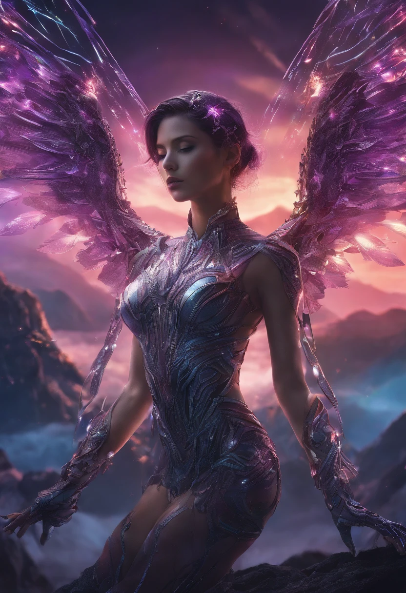high quality full length portrait,  RAW photo of  european  20yo woman with iridescent angel wings, a warrior, small breasts,  short dark purple hair, natural pale skin texture, jeweled diadem, silver necklace, night, lightning, volcano and mountain background, short depth of field, intricate, elegant, detailed textures, sharp focus, coiled arm band, bracelets, neck chain ultra high pixel detail, cinematic, intricate, cinematic light, concept art, art station, realistic, movie scene, cinematic, high quality, craig mullins and wayne barlowe style, full colors, incredibly detailed, 4k, 8k, erotic, gothic,
