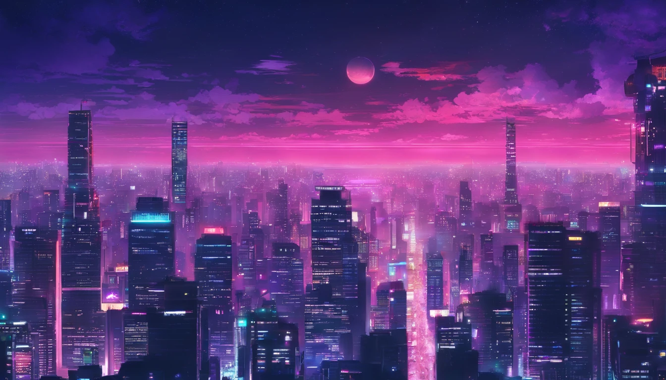 Close-up of the city with neon sunset in the background, Synthwave City, vaporwave city, Synthwave aesthetics, Neon City in the background, Background of Neo Tokyo, Neon metropolis in the background, Futuristic urban background, cyberpunk aesthetics, The city's backstory is cyberpunk, Purple Cyberpunk City, cyberpunk city background, cyberpunk aesthetics, cyberpunk atmosphere, Cyberpunk cityscape,anime clouds, Anime background, anime sky, in style of makoto shinkai, Beautiful puffy clouds. the anime, style of makoto shinkai, makoto sinkai!, beautiful anime scenery, based on Makoto Shinkai, Anime Landscape Wallpaper, makoto sinkai!!, Makoto Shinkai art style,japanaese girl,pale skin,beatiful face(purple hair)red jacket,Tokyo at night, with Cyberpunk style,Japanese streetwear,Tokyo Fashion,In a Cyberpunk 2 jacket 0 7 7,Full-length,attractive pose,Bottom view