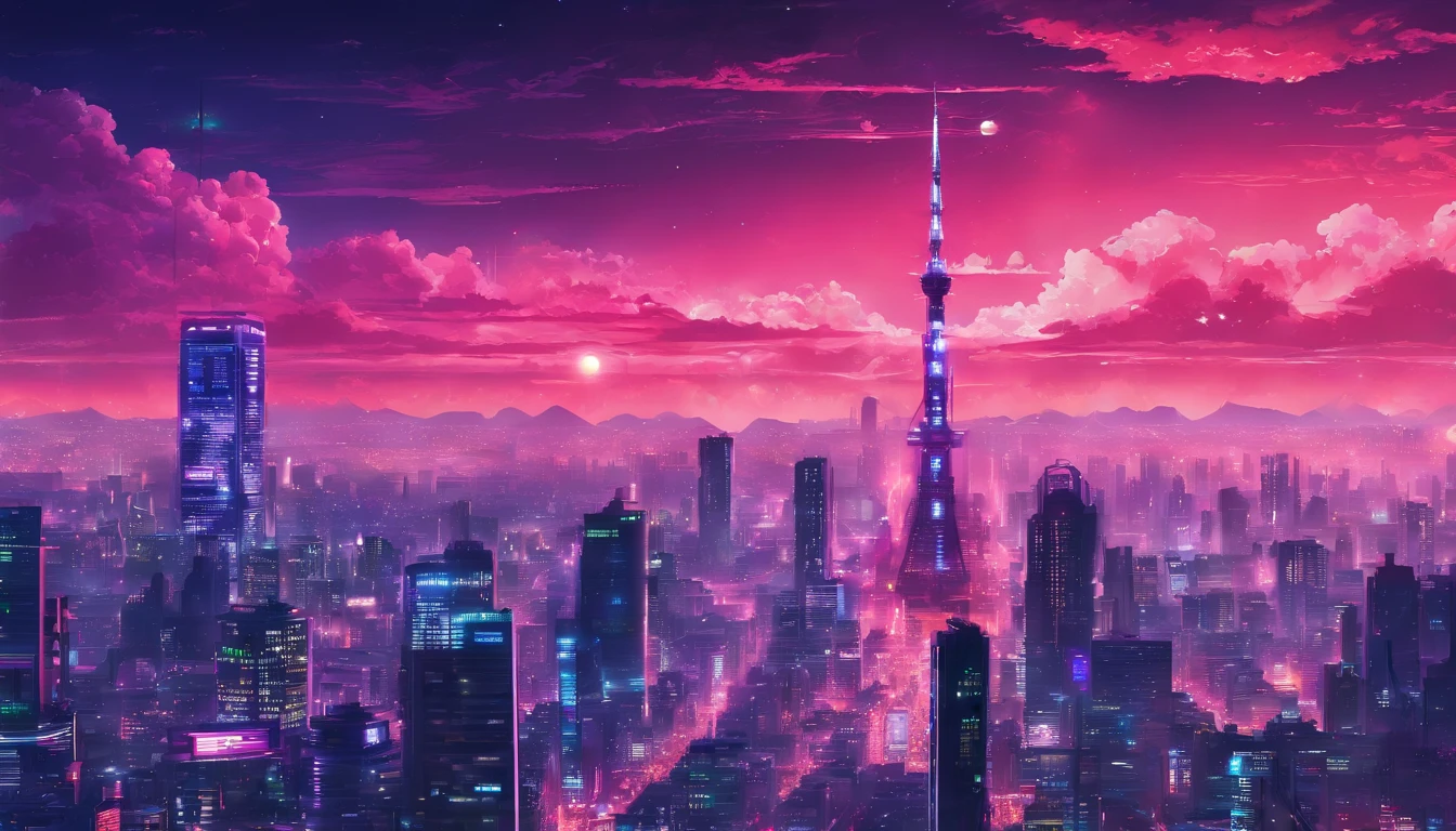 Close-up of the city with neon sunset in the background, Synthwave City, vaporwave city, Synthwave aesthetics, Neon City in the background, Background of Neo Tokyo, Neon metropolis in the background, Futuristic urban background, cyberpunk aesthetics, The city's backstory is cyberpunk, Purple Cyberpunk City, cyberpunk city background, cyberpunk aesthetics, cyberpunk atmosphere, Cyberpunk cityscape,anime clouds, Anime background, anime sky, in style of makoto shinkai, Beautiful puffy clouds. the anime, style of makoto shinkai, makoto sinkai!, beautiful anime scenery, based on Makoto Shinkai, Anime Landscape Wallpaper, makoto sinkai!!, Makoto Shinkai art style,japanaese girl,pale skin,beatiful face(purple hair)red jacket,Tokyo at night, with Cyberpunk style,Japanese streetwear,Tokyo Fashion,In a Cyberpunk 2 jacket 0 7 7,Full-length,attractive pose,Bottom view