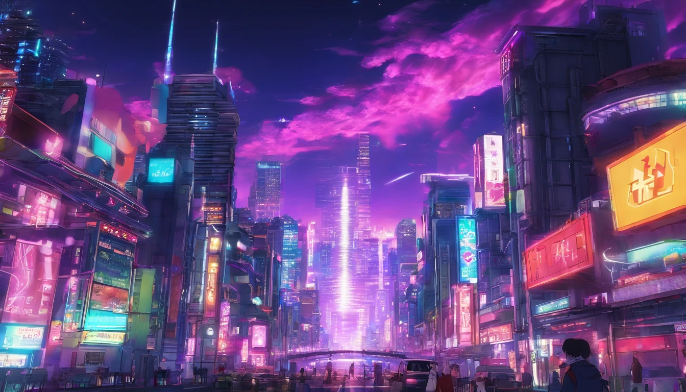 Close-up of the city with neon sunset in the background, Synthwave City, vaporwave city, Synthwave aesthetics, Neon City in the background, Background of Neo Tokyo, Neon metropolis in the background, Futuristic urban background, cyberpunk aesthetics, The city's backstory is cyberpunk, Purple Cyberpunk City, cyberpunk city background, cyberpunk aesthetics, cyberpunk atmosphere, Cyberpunk cityscape,anime clouds, Anime background, anime sky, in style of makoto shinkai, Beautiful puffy clouds. the anime, style of makoto shinkai, makoto sinkai!, beautiful anime scenery, based on Makoto Shinkai, Anime Landscape Wallpaper, makoto sinkai!!, Makoto Shinkai art style,japanaese girl,pale skin,beatiful face(purple hair)red jacket,Tokyo at night, with Cyberpunk style,Japanese streetwear,Tokyo Fashion,In a Cyberpunk 2 jacket 0 7 7,Full-length,attractive pose,Bottom view