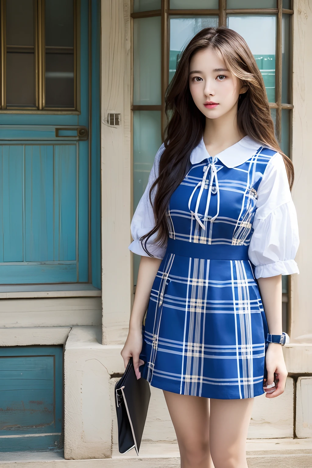(((top-quality、masterpiece))、Raw photography、8K、top-quality、 超A high resolution、Beautiful face in every detail、Realistic human skin、Gentle expression、front-facing view、Farbe々From an angle、length hair、realisitic、Photorealsitic、cute little、a short skirt、Cute College Girl、Japan college girl wearing dress、Surreal College Girl、blue-sky、outside of house、wrist watch、21years old