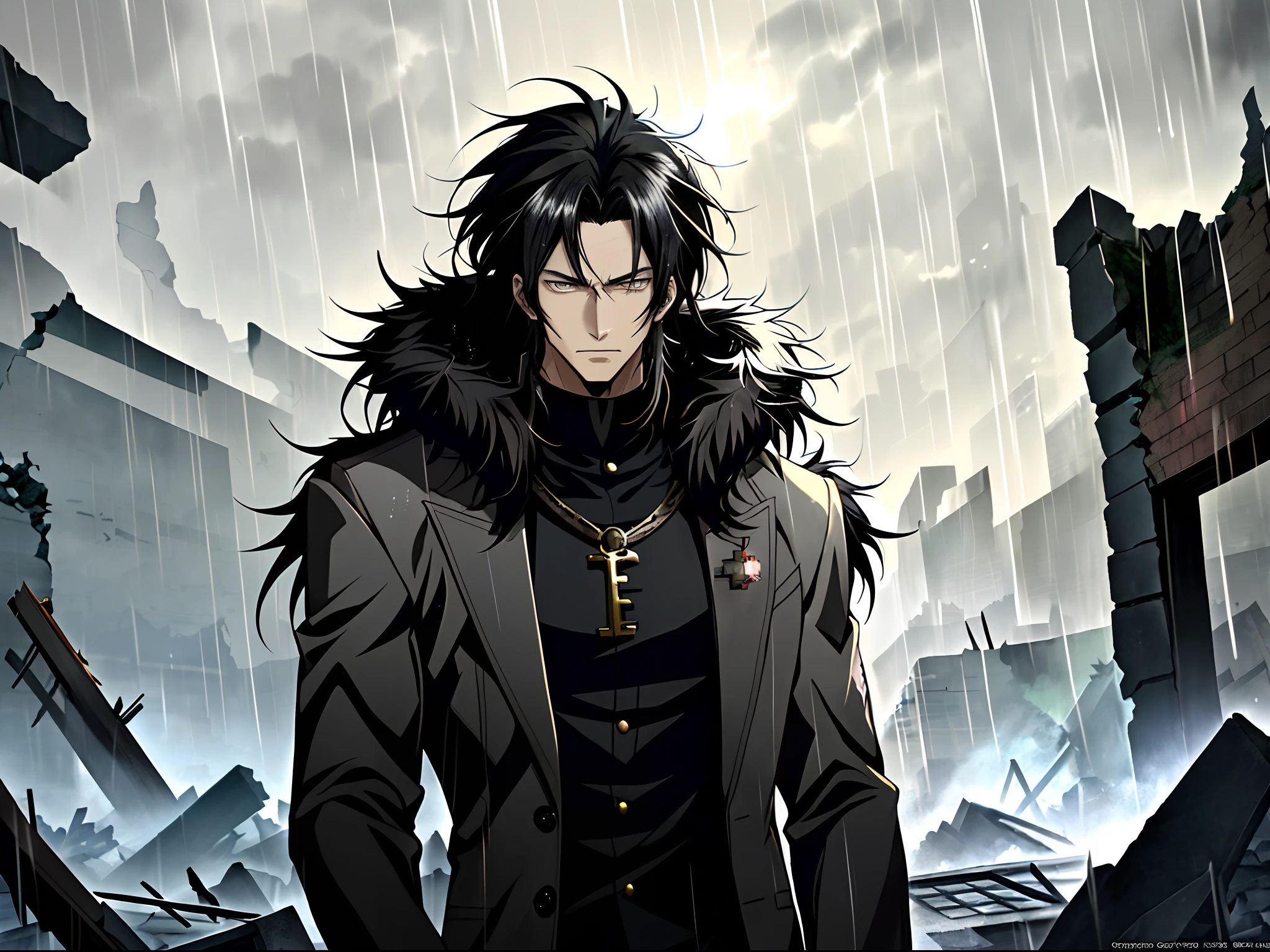 An anime man in a black fur coat stands among the ruins in the rain, Black colored eyes，Black hair，Anime handsome man, Anime portrait of a handsome man, Anime concept HDR anime, Key anime art, male anime character,