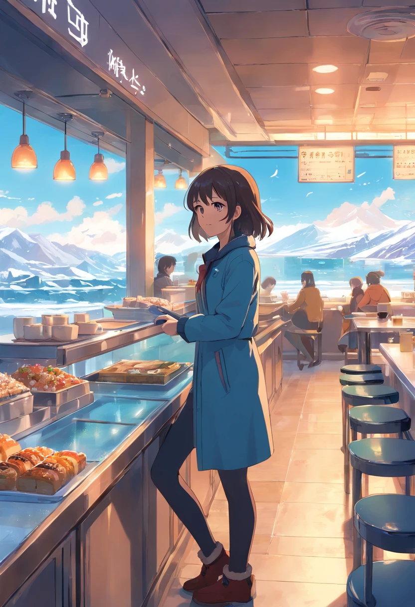 best quality, detailed background, girl,sea, cafeteria, bird, snow, winter,