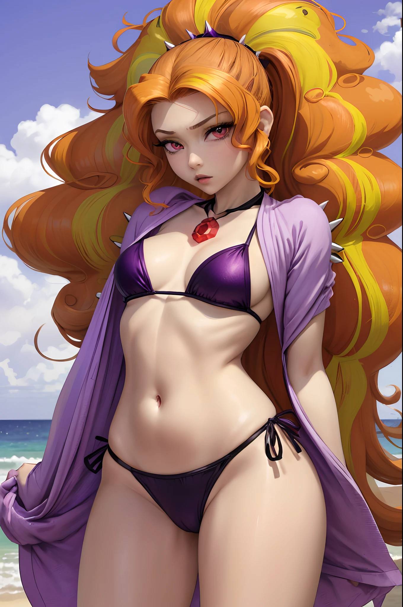 2010's anime art style, Adagio dazzle in the beach, 1girl, 80's hair, giant poofy curled thigh length orange with yellow streaks wrapped in a ponytail with a violet spiky ponytail holder as well as her poofy sideburns curving up in curls, A really massive head of frizzy hair, raspberry eyes, beautiful eyes, small chest, purple bikini, red gem necklace, turned around, bent over, 1man, Man standing behind her, Man grasping girl's hips, man's Penis thrusting into girl's pussy, having sex