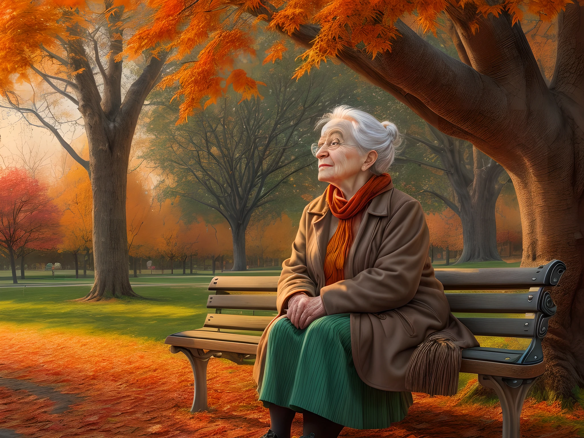 picture of an old woman sitting on a bench in the park under the maple tree in a park at autumn, an old woman, looking distinguished, grey hair, in bun, blue, eyes, eyes that had good life, historical life, wearing a green skirt, and white blouse, dynamic shoes, sitting on a bench, with her cane near by resting on the bench, under a maple tree at autumn, many leaves in red, orange and brow, full spectrum, vibrant colors, sun setting down, evening time, urban park background, best quality, 16k, [ultra detailed], masterpiece, best quality, (ultra detailed), full body, ultra wide shot, photorealistic