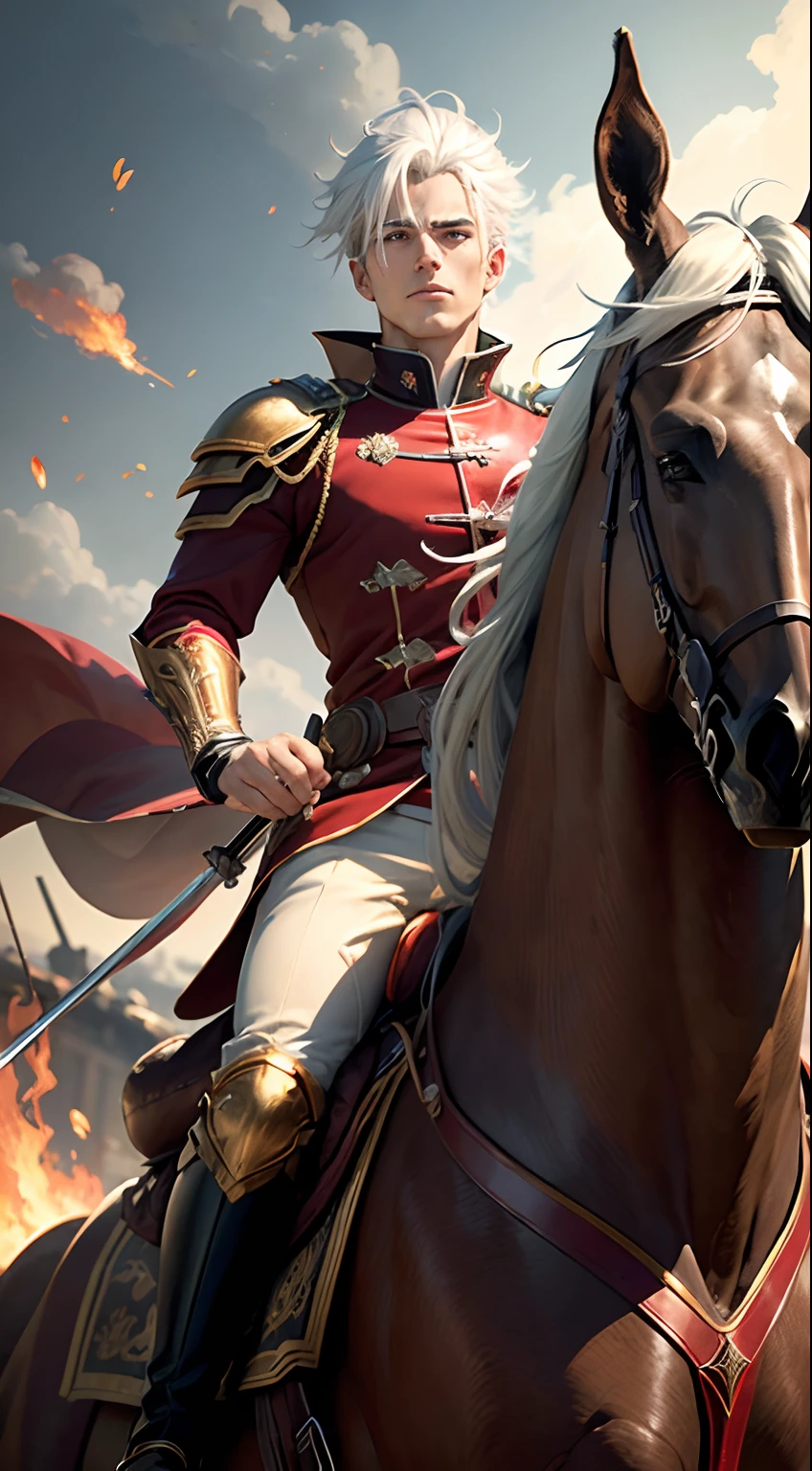 (best quality,8k,ultra-detailed,realistic),cool anime boy with white hair in red and gold, Royal knight, elegant, The Royal Leader, riding a horse, full body, striking manly pose, Battlefield background, fire and chaos, vibrant colors, photo-realistic anime style, sharp focus, dynamic lighting, capturing every detail