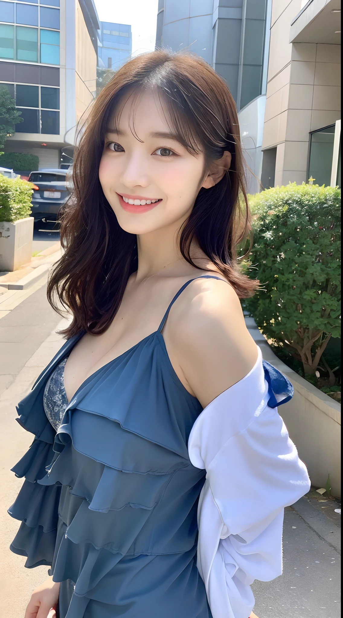 ((Best Quality, 8K, Masterpiece:1.3)), Focus: 1.2, Perfect Body Beauty: 1.4, Buttocks: 1.2, ((Layered Haircut, Breasts: 1.2)), (Wet Clothes: 1.1), (Rain, Street:1.3), Bandeau Dress: 1.1, Highly Detailed Face and Skin Texture, Fine Eyes, Double Eyelids, Whitening Skin, Long Hair, (Shut Up: 1.3), Smile