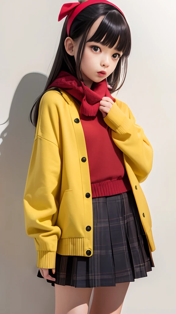 Masterith),There is a girl wearing a red headband,cute  face,Smaller lips,Straight black hair with a little bangs、Green Cellar Clothes、Yellow Scarf、Japan school uniform、Sera clothes,Red cardigan on outerwear、The skirt is light green with a small dot pattern、Full body shot, please