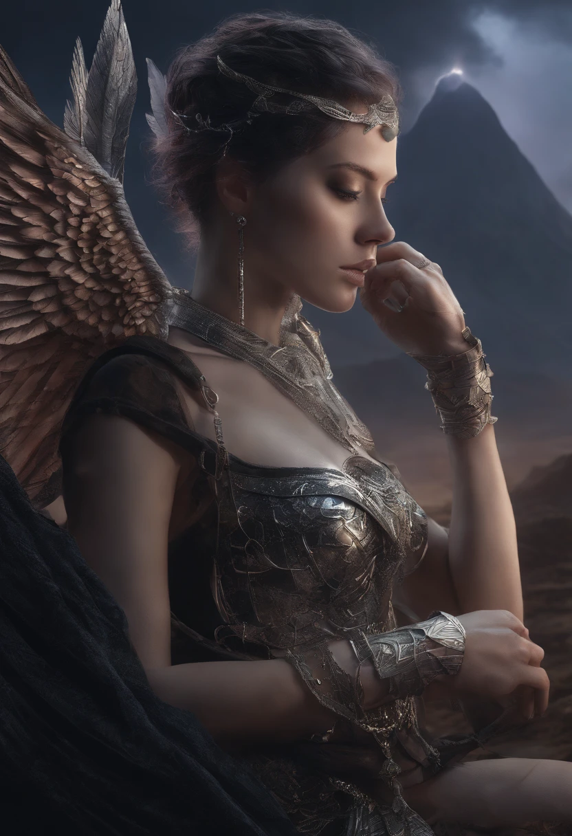 high quality full length portrait,  RAW photo of  european  20yo woman with iridescent angel wings, a warrior, small breasts,  short dark purple hair, natural pale skin texture, jeweled diadem, silver necklace, night, lightning, volcano and mountain background, short depth of field, intricate, elegant, detailed textures, sharp focus, coiled arm band, bracelets, neck chain ultra high pixel detail, cinematic, intricate, cinematic light, concept art, art station, realistic, movie scene, cinematic, high quality, craig mullins and wayne barlowe style, full colors, incredibly detailed, 4k, 8k, erotic, gothic,