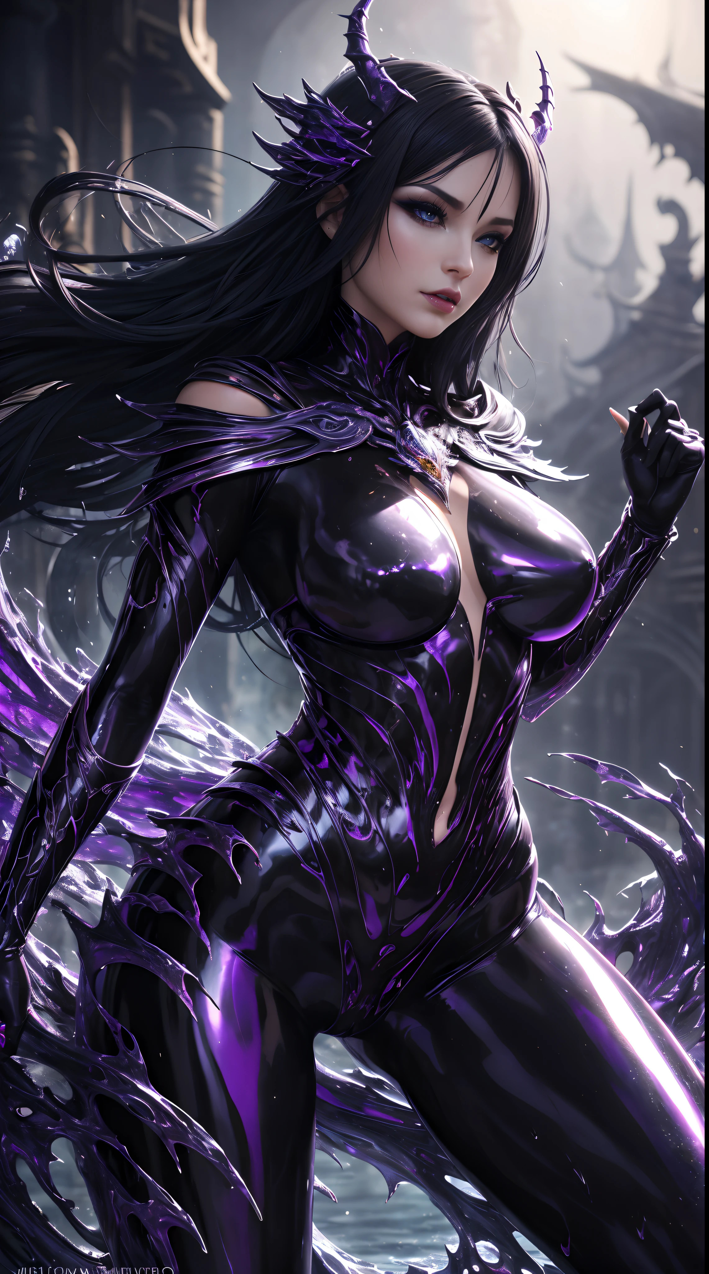 (Storyboard:1.4), Liquid lady, liquid queen, arcane liquid fluid fighting stance, sexy, alluring, erotic,( body formed from mauveine and black liquid metallic paint twisting into a beautiful interpretation of the female figure), long sharp fangs, ((complex metallic colours in the foreground)), (( fluid mechanics, the loveliest smooth scale face makeup)) - dark blood, onyxia, translucent skin mechanical