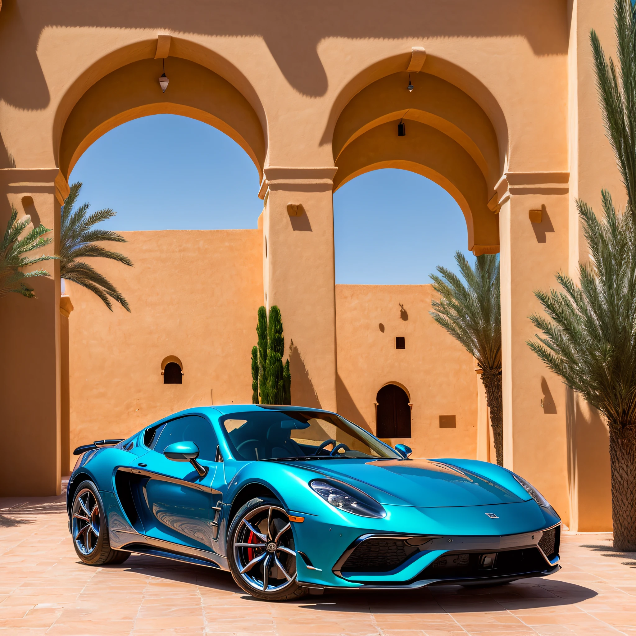 (best quality:1.33), (masterpiece:1.42),(photorealistic:1.3) (detailed:1.15), expensive sportscar, stunning Marrakech view, flashy, glimmering, sleek, modern, sexy
