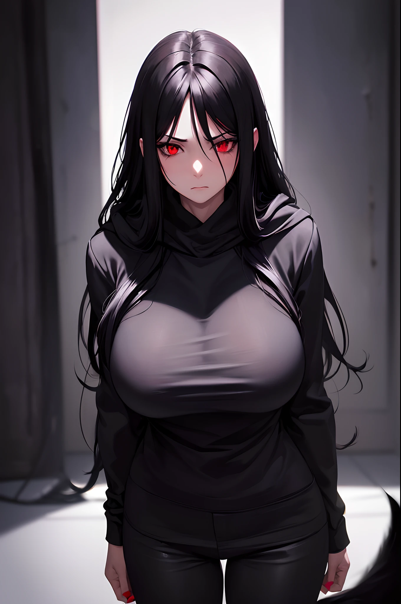 (black long hair,penetrating red eyes,disgusted expression,big breasts,black blouse,black pants,hoodie up,dark,mystery,dark lighting) acrylic painting,detailed brush strokes,ultra-detailed,realistic colors,hdr,sharp focus,studio lighting