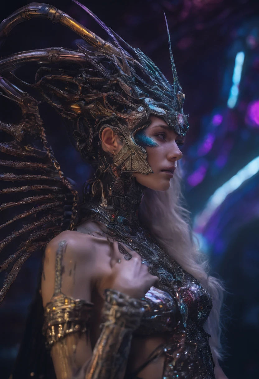 high quality full length portrait, RAW photo of european 20yo woman with iridescent angel wings, a warrior, small breasts, short dark purple hair, natural pale skin texture, jeweled diadem, silver necklace, night, lightning, volcano and mountain background, short depth of field, intricate, elegant, detailed textures, sharp focus, coiled arm band, bracelets, neck chain ultra high pixel detail, cinematic, intricate, cinematic light, concept art, art station, realistic, movie scene, cinematic, high quality, craig mullins and wayne barlowe style, full colors, incredibly detailed, 4k, 8k, erotic, gothic,