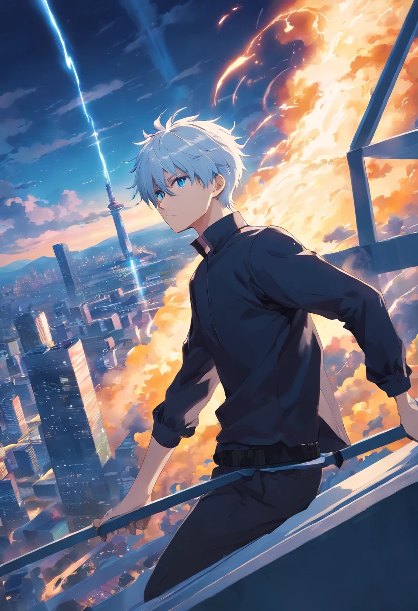 gojo satoru, jujutsu kaisen, anime, ung man, in the top of tower, float, amazing, focused, ray of light, blue eyes, white hair, black shirt, in the battlefield, powerfull magic aura, depth of field.