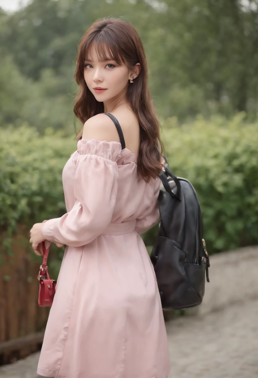 Beautiful, masutepiece, Best Quality, extra detailed face,  Perfect Lighting, 1girl in, Solo, sketch, Marnie (A pokémon), Green eyes, asymmetrical bangs, backpack, Bag, Black Choker, Black jacket, Blurry, Blurry background, Choker, Closed mouth, Dress, from behind, Indoors, Jacket, Long sleeves, Looking at Viewer, Looking back, off shoulders, Pink dress, Red bag, Solo