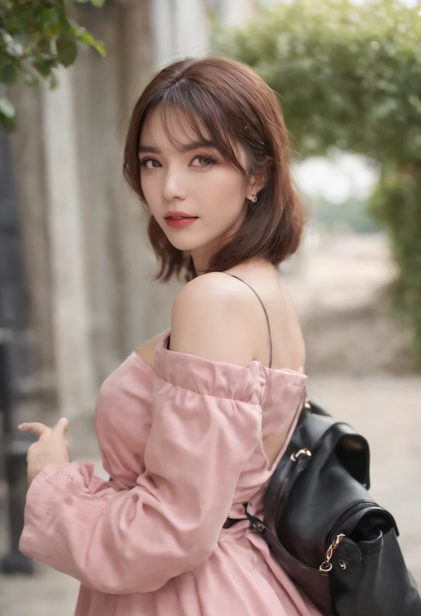 Beautiful, masutepiece, Best Quality, extra detailed face, Perfect Lighting, 1girl in, Solo, sketch, Marnie (A pokémon), Green eyes, asymmetrical bangs, backpack, Bag, Black Choker, Black jacket, Blurry, Blurry background, Choker, Closed mouth, Dress, from behind, Indoors, Jacket, Long sleeves, Looking at Viewer, Looking back, off shoulders, Pink dress, Red bag, Solo