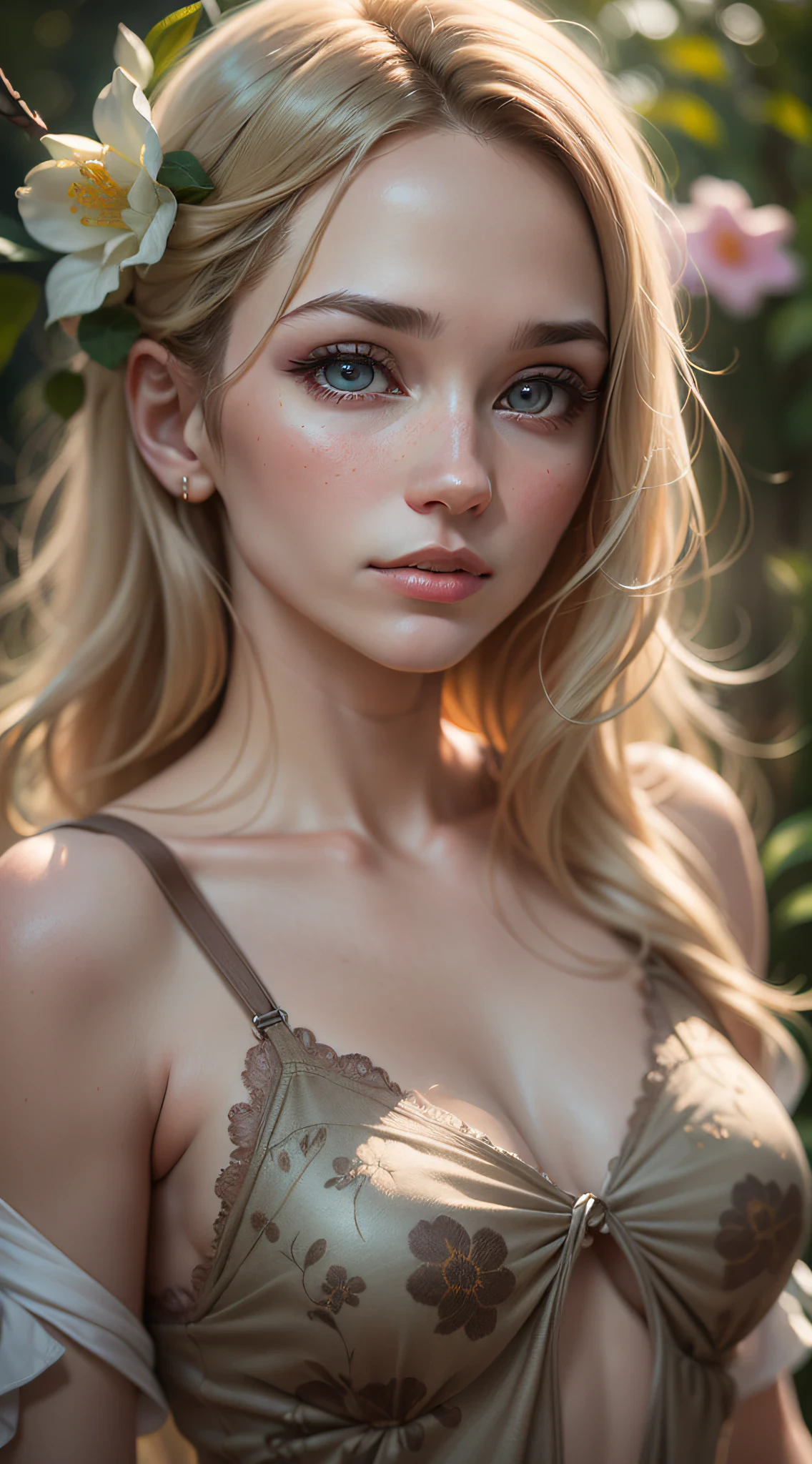 woman, 32 year old, wearing sleep dress transparency, beautiful detailed eyes, beautiful detailed lips, soft blonde hair, calm expression, floral garden background, gentle sunlight, oil painting medium, ultra-detailed, realistic, vivid colors, bokeh lighting