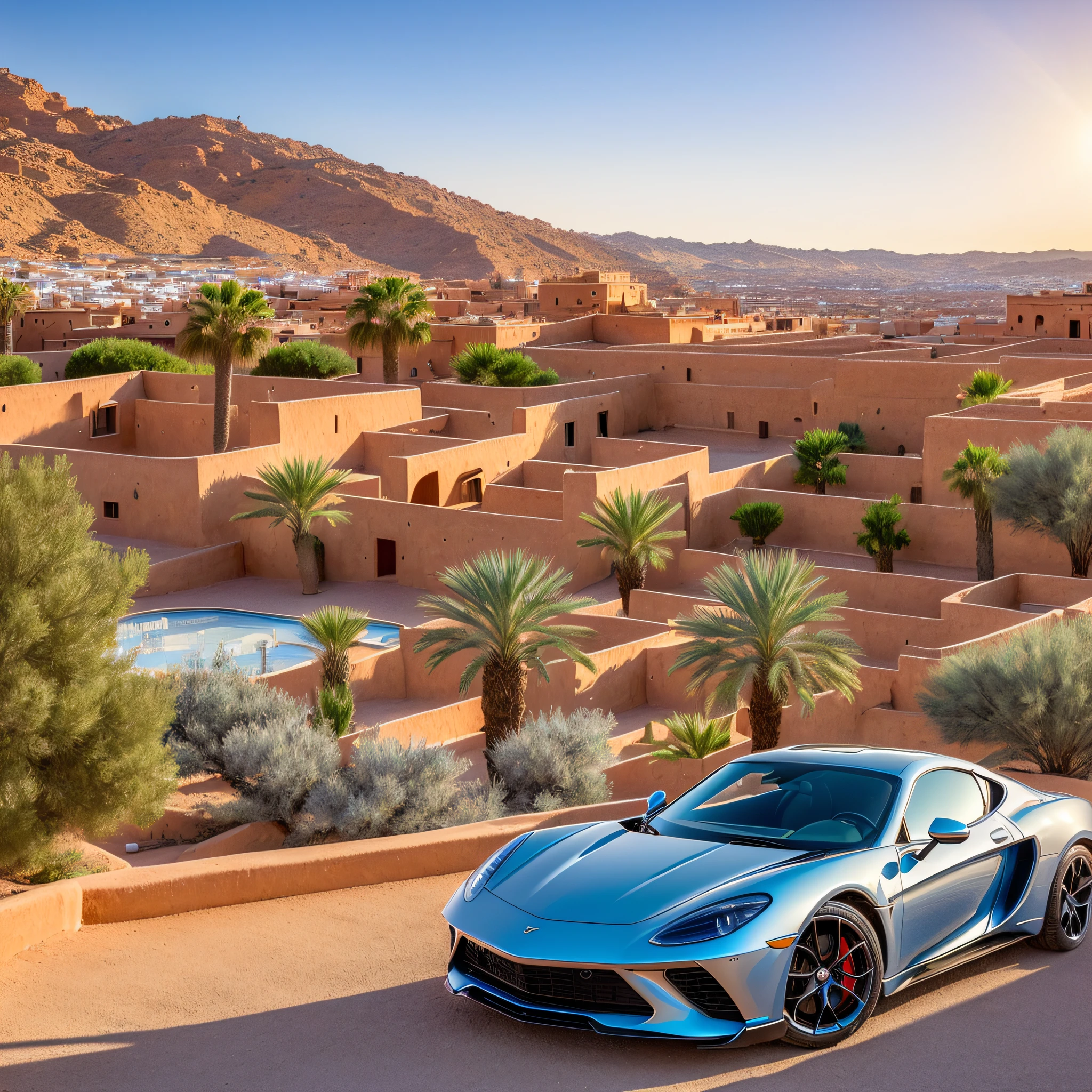 (best quality:1.33), (masterpiece:1.42),(photorealistic:1.3) (detailed:1.15), expensive sportscar, stunning Marrakech view, flashy, glimmering, sleek, modern, sexy
