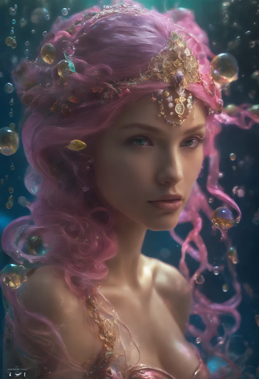 RAW photo, high quality full length portrait, underwater photo of a slim young woman mermaid swimming, wet hair, photorealistic, dramatic, beautiful face, highly detailed facial features, very pretty, perfect face, well formed facial features, smooth glowing pink skin, flowing pink hair, mermaid tail with iridescent scales , small breasts, perfectly formed breasts, iridescent make up, jewelled tiara, jewelry, underwater, fish, bubbles, filtered sunlight, strong light, perfect hands, realism, accurate hands, accurate face, symmetrical body, erotic, sensual, sexy, detailed textures, coiled arm band, bracelets, ultra high pixel detail, cinematic, intricate, cinematic light, concept art, art station, realistic, movie scene, cinematic, high quality, craig mullins and wayne barlowe style, full colors, incredibly detailed, 4k, 8k,