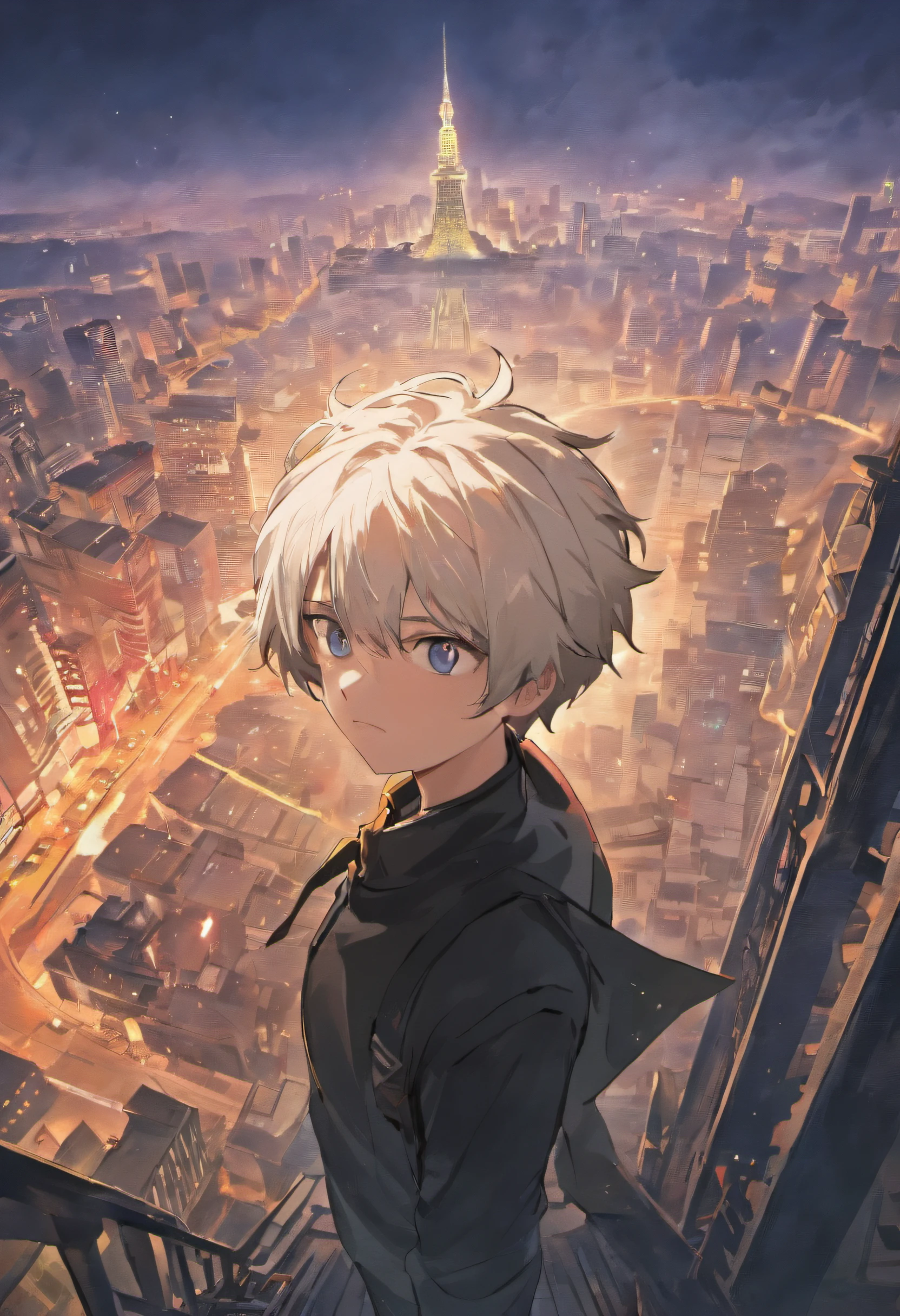 gojo satoru, jujutsu kaisen, anime, in the top of tower, amazing, focused, ray of light, blue eyes, white hair, black shirt, in the battlefield, powerfull magic aura, depth of field.