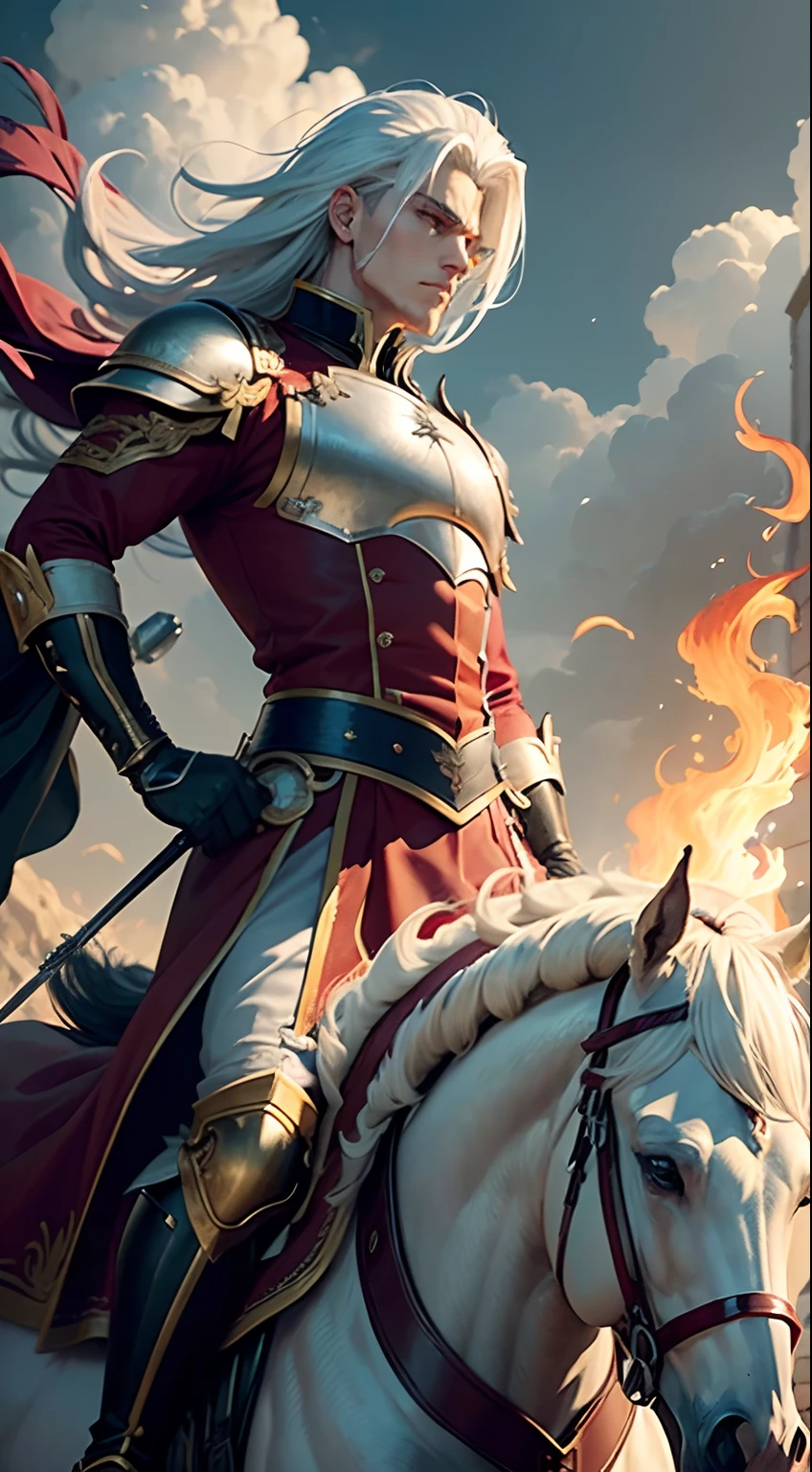 (best quality,8k,ultra-detailed,realistic),cool anime boy with white hair in red and gold, Royal knight, elegant, The Royal Leader, riding a Royal horse, full body, striking manly pose, Battlefield background, fire and chaos, vibrant colors, photo-realistic anime style, sharp focus, dynamic lighting, capturing every detail