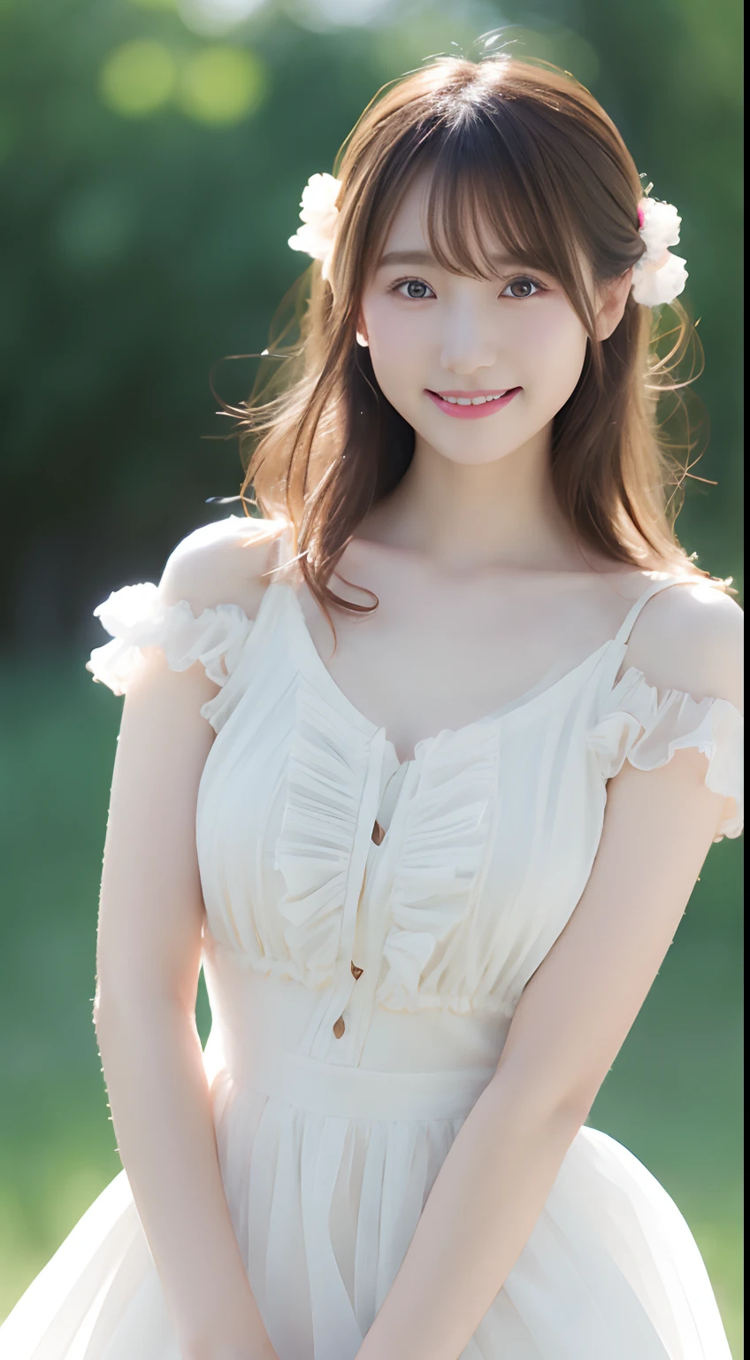 Japan woman in white dress posing for photo, Women have very beautiful eyes, Brown bob hair, Twin-tailed、Digital Art of Digital Painting, ta dress, dress with many ruffles, Art that is not Gwaites style,Grab the skirt and pull it up a little、 Loli0yr old、Wearing elegant dresses, shy and demure, ssmile、Unclear、drooing eyes、Smooth digital painting, detailed dress and face, ArtGerm. high detailing ,Refreshing breeze、(Hair becomes disheveled)、(Skirt flutters in the wind)