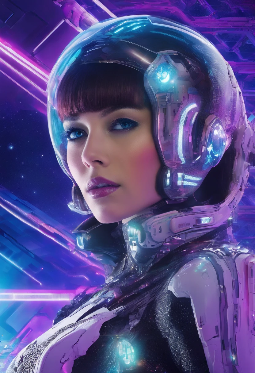 high quality portrait,  RAW photo of young English  woman, Lt Ellis UFO TV series, purple hair bangs, 60s style, retro, silver mesh top, futuristic silver make up, brightly lit moon base command centre background, cumputer boards and communications consoles, natural pale skin texture, interior, cinematic, short depth of field, intricate, elegant, detailed textures, sharp focus, movie scene,  full colors, incredibly detailed, 4k, 8k,