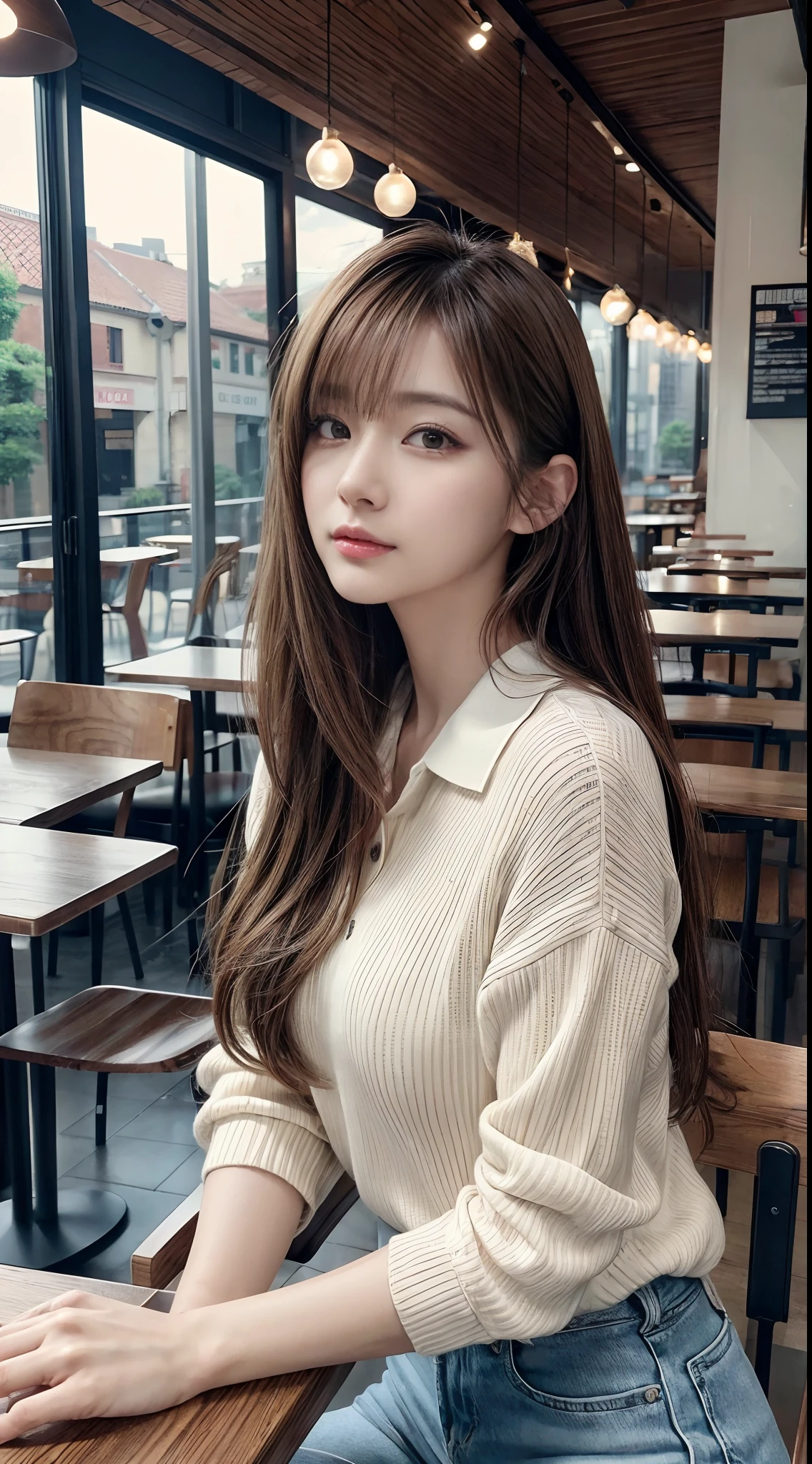 masutepiece, Best Quality, Photorealistic, Ultra-detailed, finely detail, High resolution, 8K Wallpaper, 1 beautiful woman, In casual business attire, at the cafe, light brown messy hair, Perfect dynamic composition, Beautiful detailed eyes