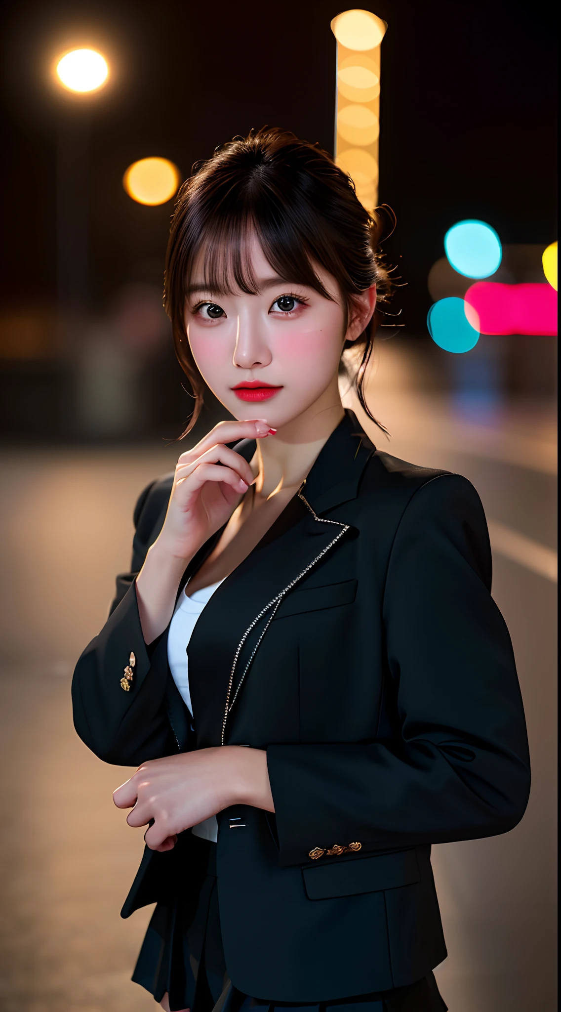 best quality, masterpiece, 1girl, Beautiful face, (photo realistic:1.3), rim lighting, (high detailed skin:1.2), 8k uhd, dslr, high quality, high resolution, 4k, 8k, Bokeh, absurdres, best ratio four finger and one thumb, (realistic:1.3), cute 1girl, wearing black formal blazer, medium breasts, short skirt,